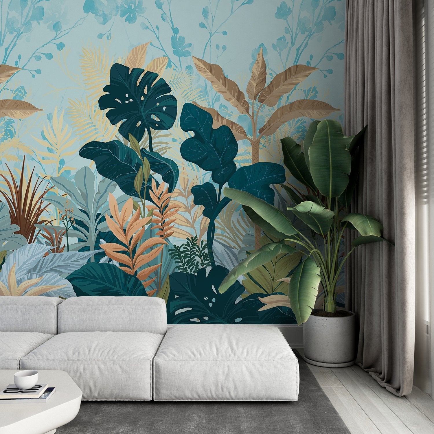 Lush tropical leaves mural with emerald monstera plants against soft coral pink background - view 15 - final