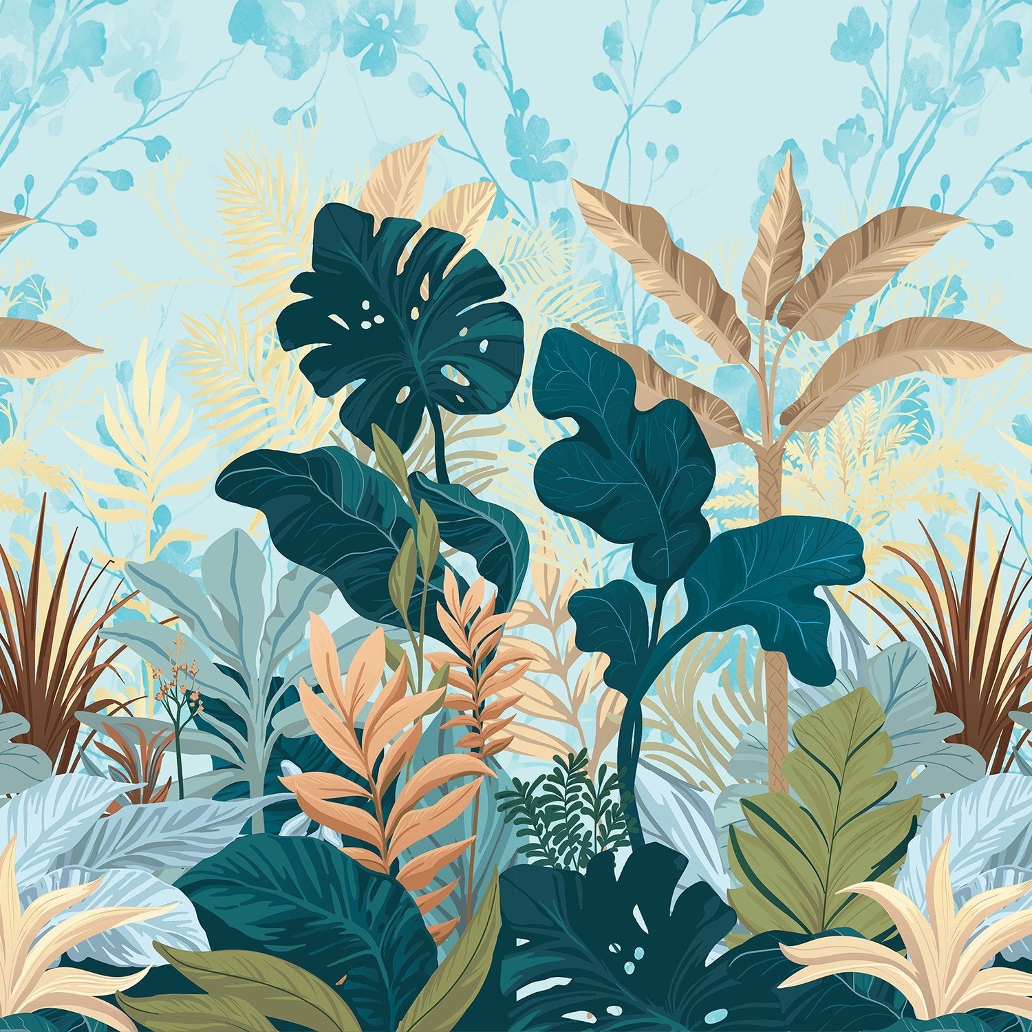 Lush tropical leaves mural with emerald monstera plants against soft coral pink background - view 16 - final