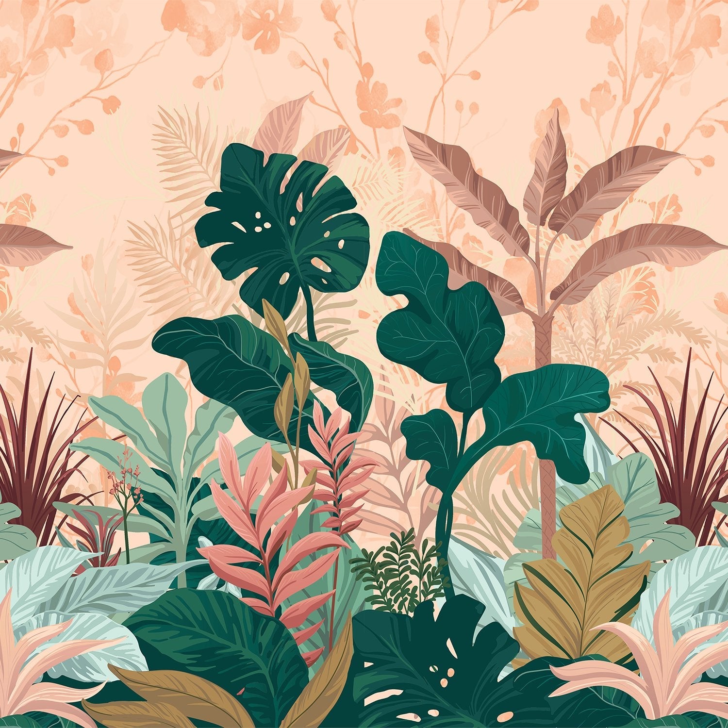 Lush tropical leaves mural with emerald monstera plants against soft coral pink background - view 2 - final