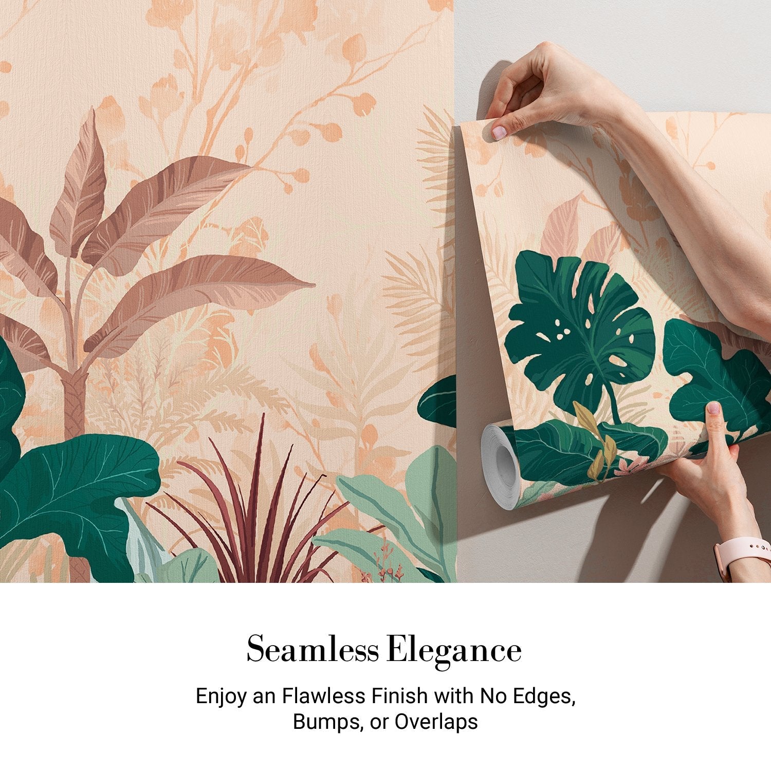 Lush tropical leaves mural with emerald monstera plants against soft coral pink background - view 3 - final