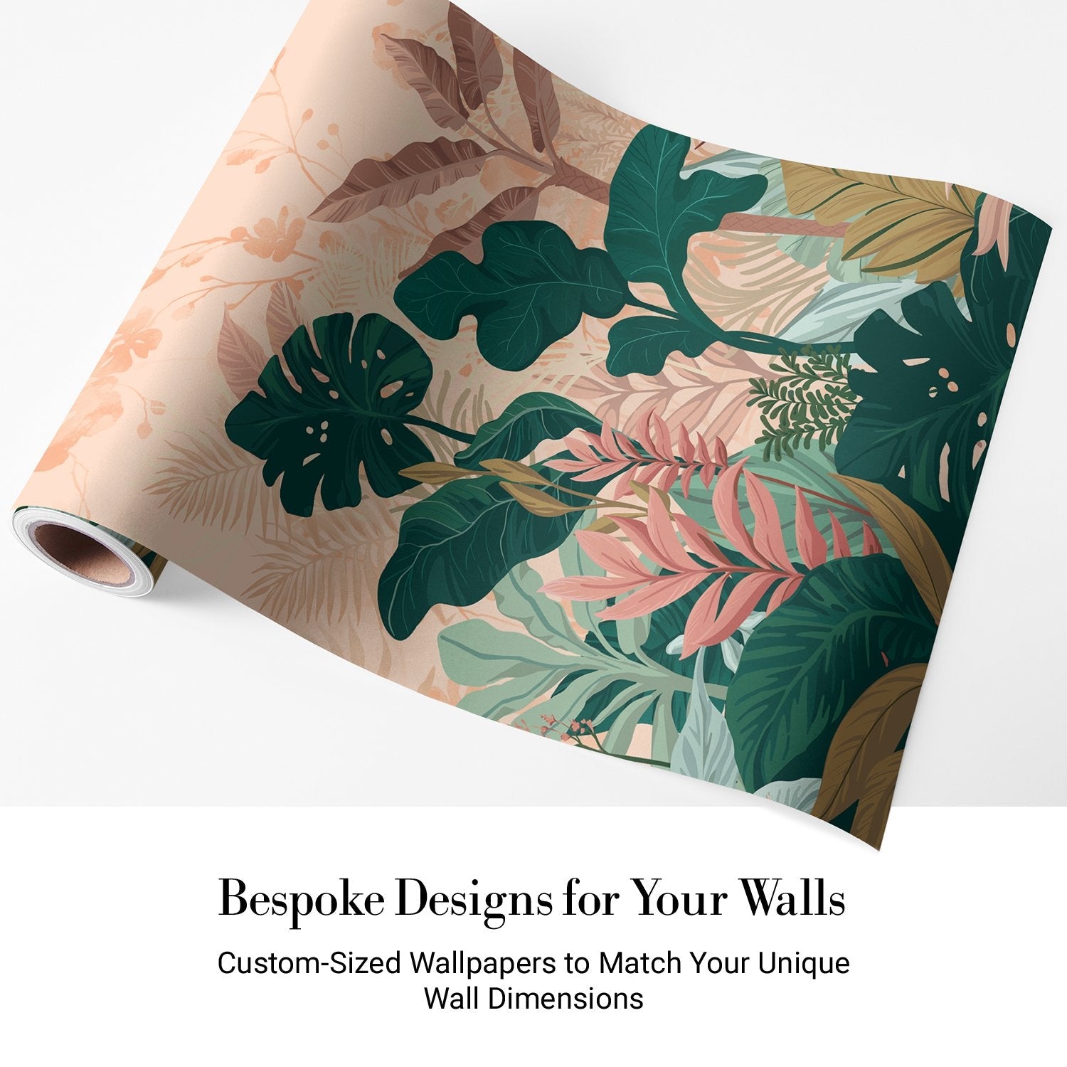 Lush tropical leaves mural with emerald monstera plants against soft coral pink background - view 4 - final