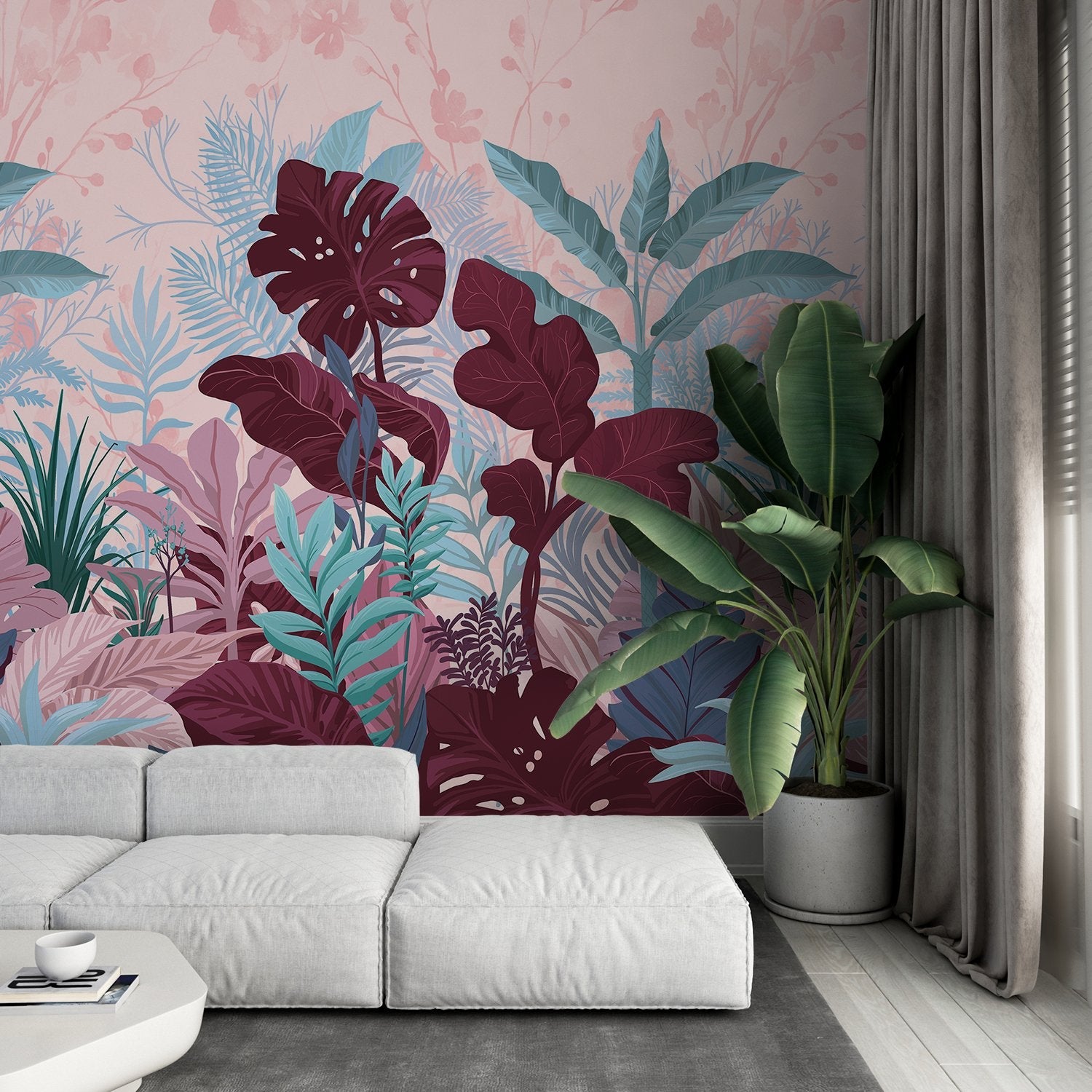 Lush tropical leaves mural with emerald monstera plants against soft coral pink background - view 7 - final