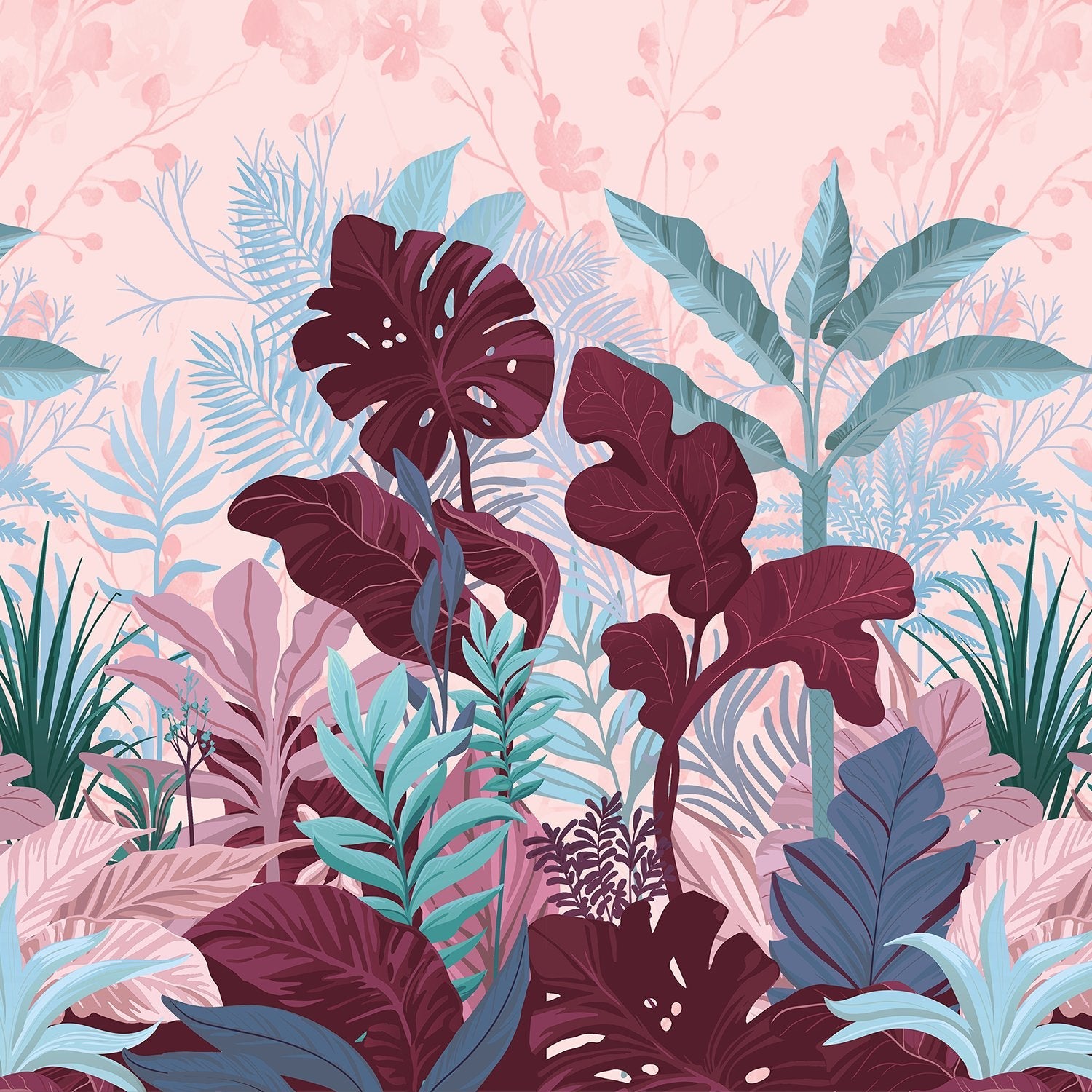 Lush tropical leaves mural with emerald monstera plants against soft coral pink background - view 8 - final