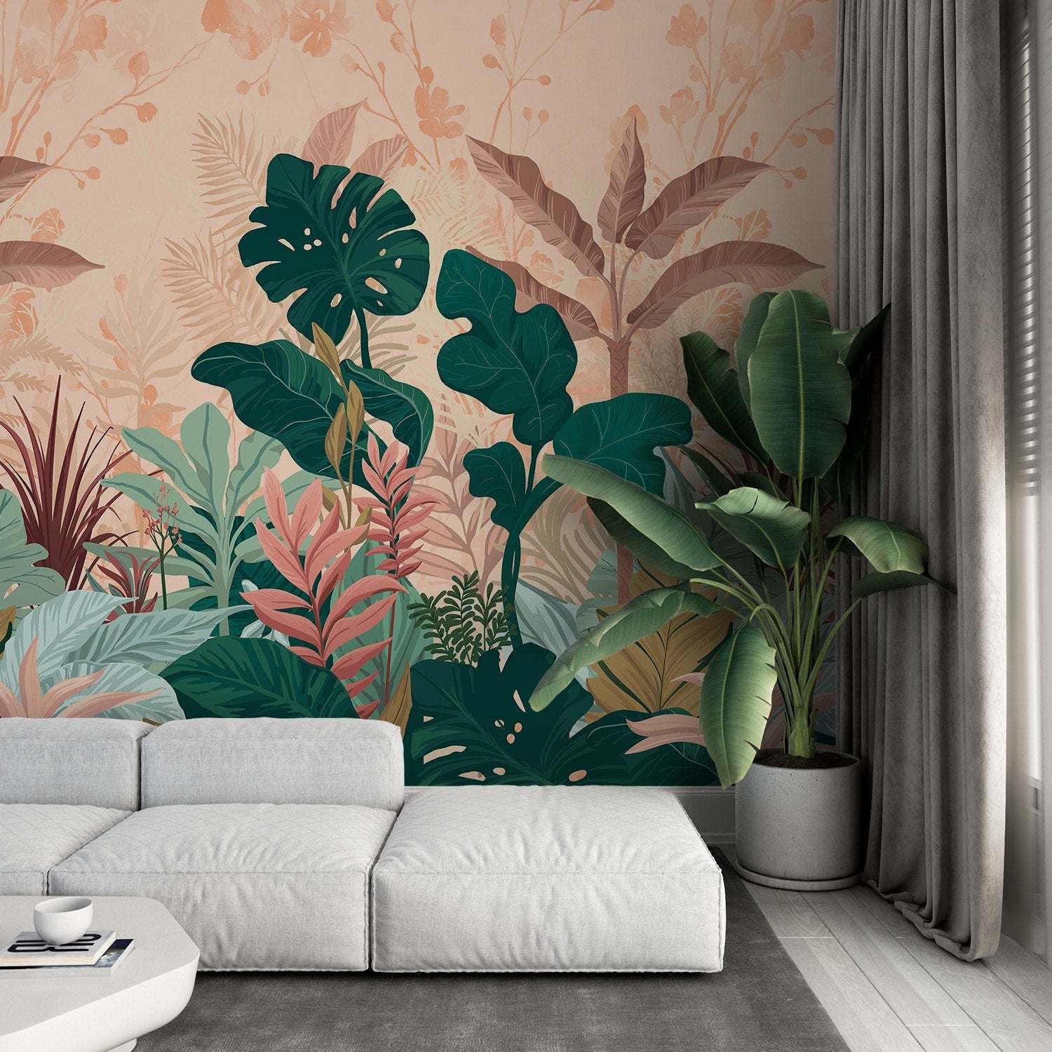 Lush tropical leaves mural with emerald monstera plants against soft coral pink background - final living-room