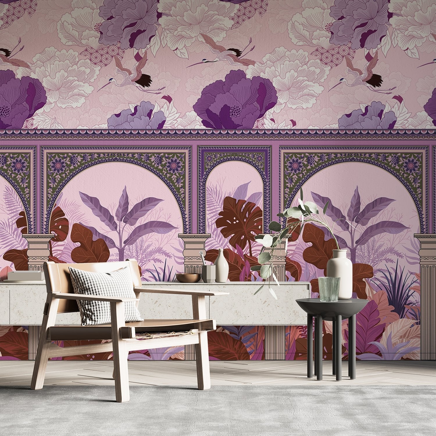 Ornate Mughal arches with tropical monstera leaves and flying cranes in coral florals - view 10 - final