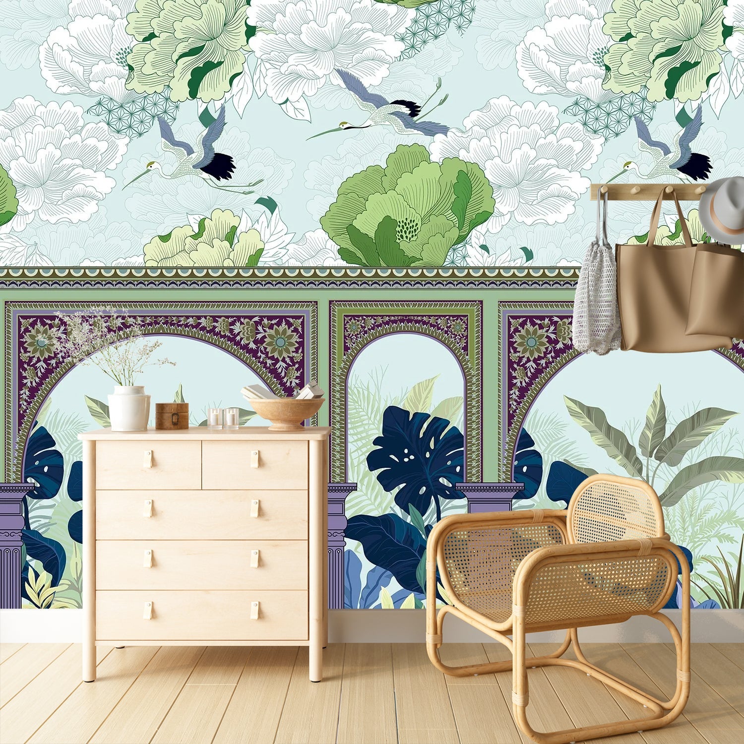 Ornate Mughal arches with tropical monstera leaves and flying cranes in coral florals - view 13 - final
