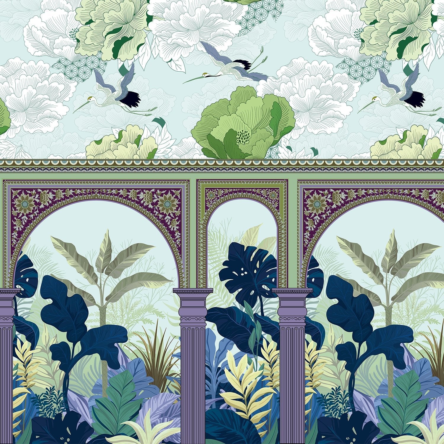Ornate Mughal arches with tropical monstera leaves and flying cranes in coral florals - view 14 - final