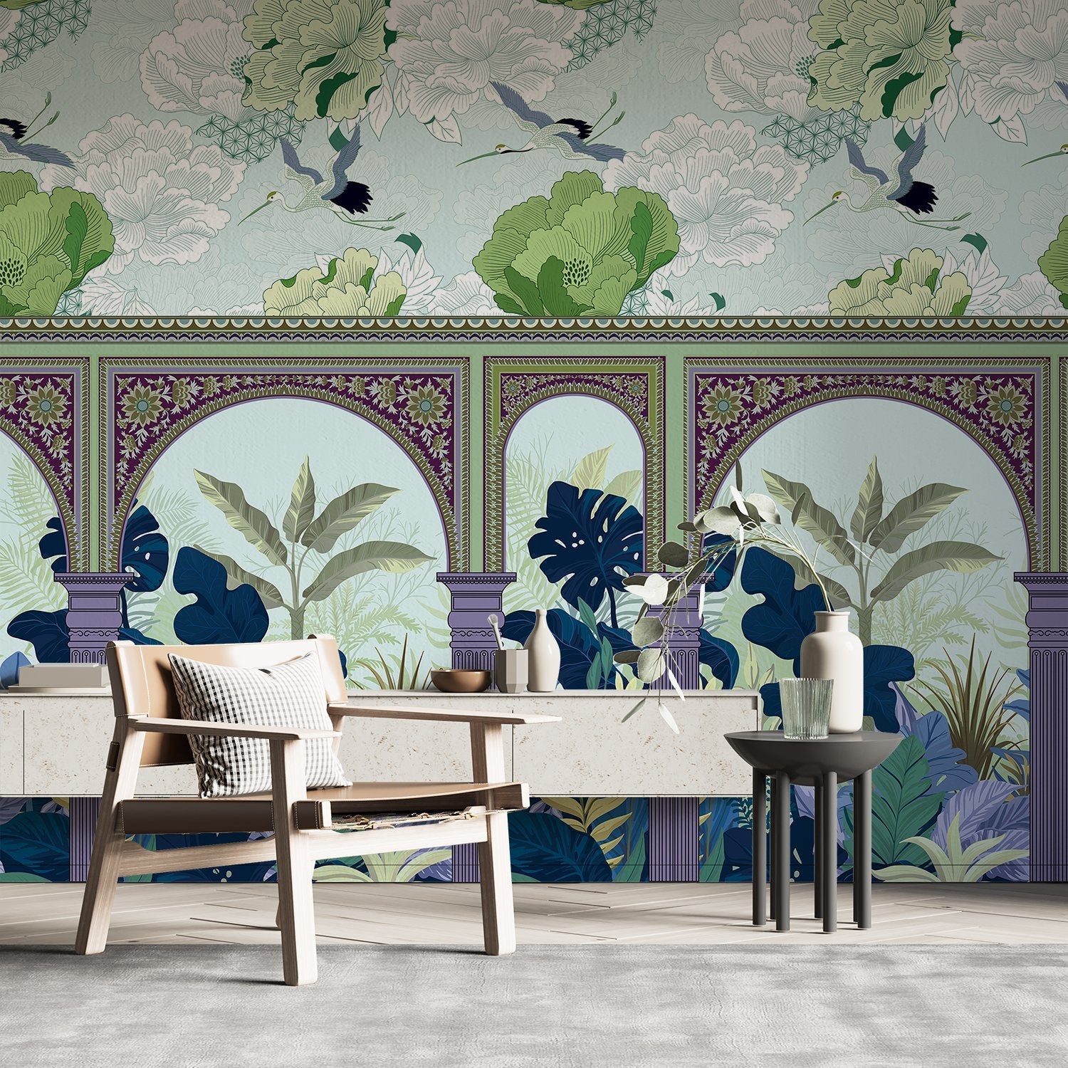 Ornate Mughal arches with tropical monstera leaves and flying cranes in coral florals - view 16 - final