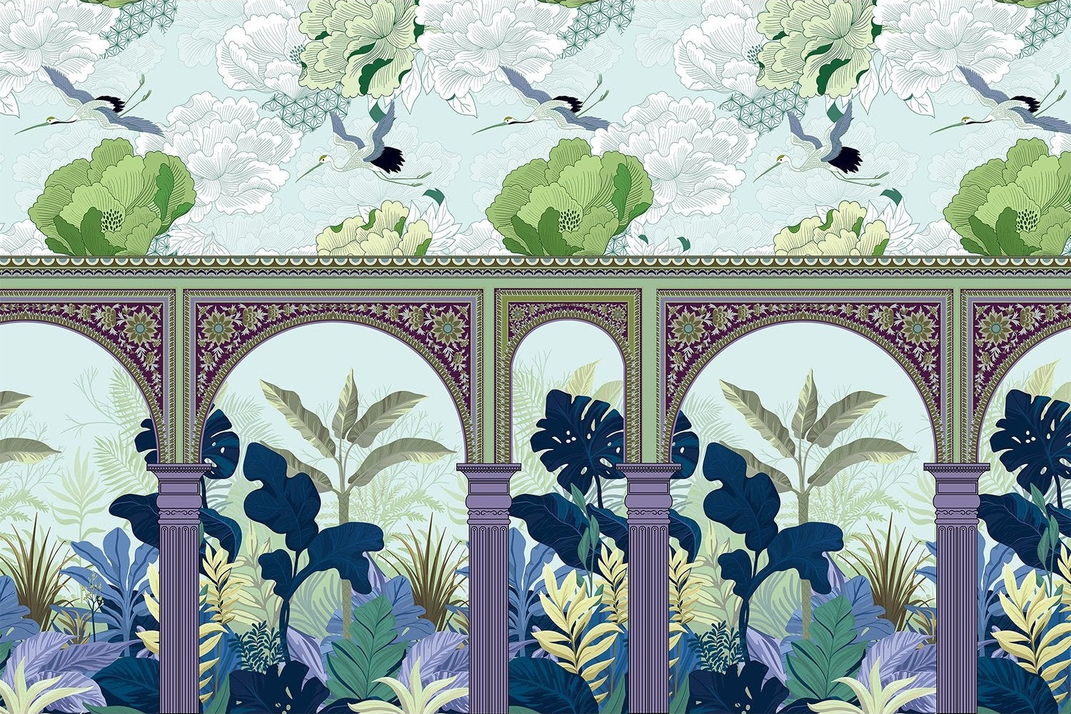 "Botanical arches in lea - mughal wallpaper mural-inequal final"