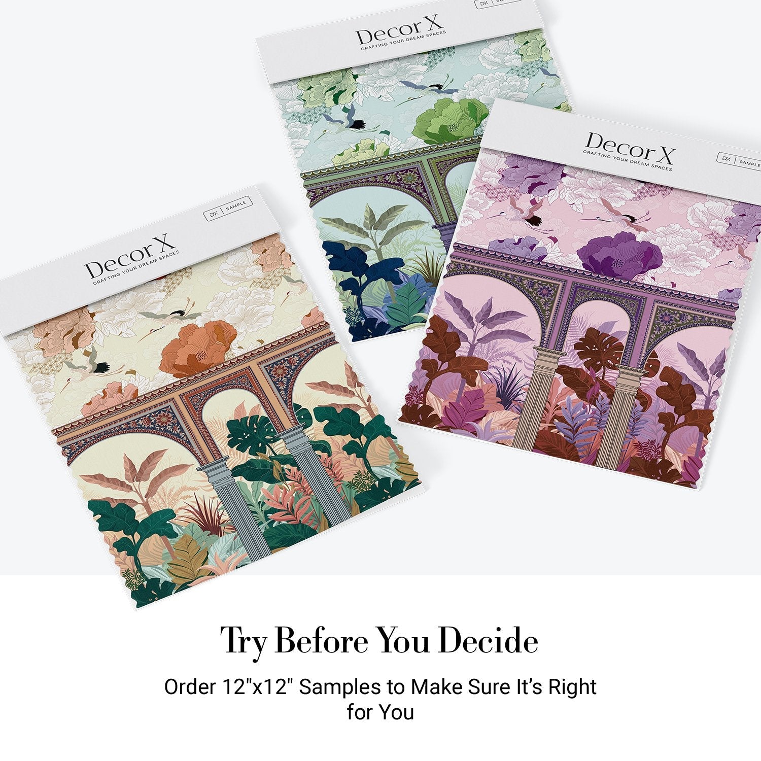 Ornate Mughal arches with tropical monstera leaves and flying cranes in coral florals - view 19 - final all-groups samples