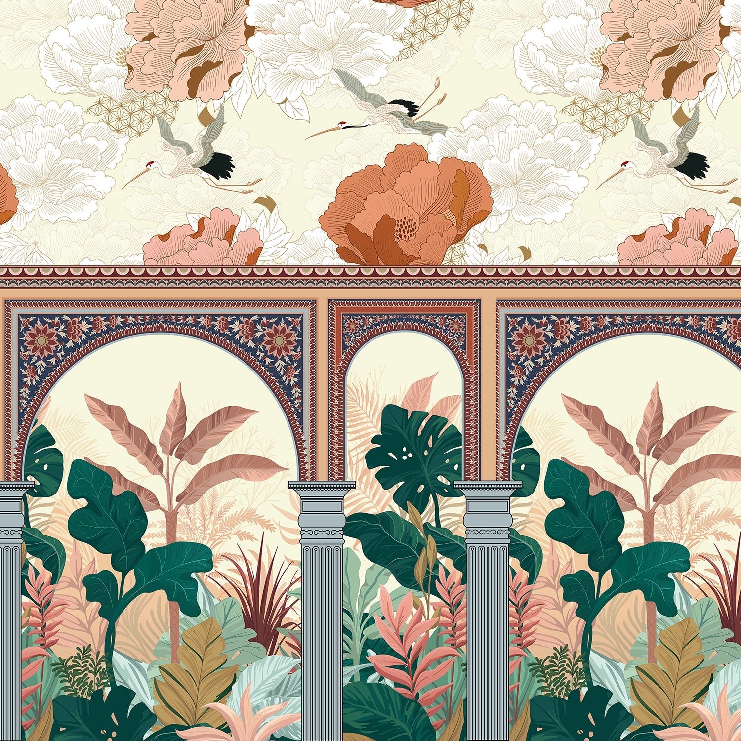 Ornate Mughal arches with tropical monstera leaves and flying cranes in coral florals - view 2 - final