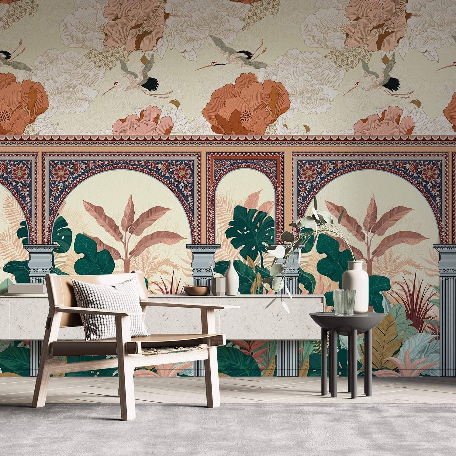 Ornate Mughal arches with tropical monstera leaves and flying cranes in coral florals - view 3 - final hobby-room