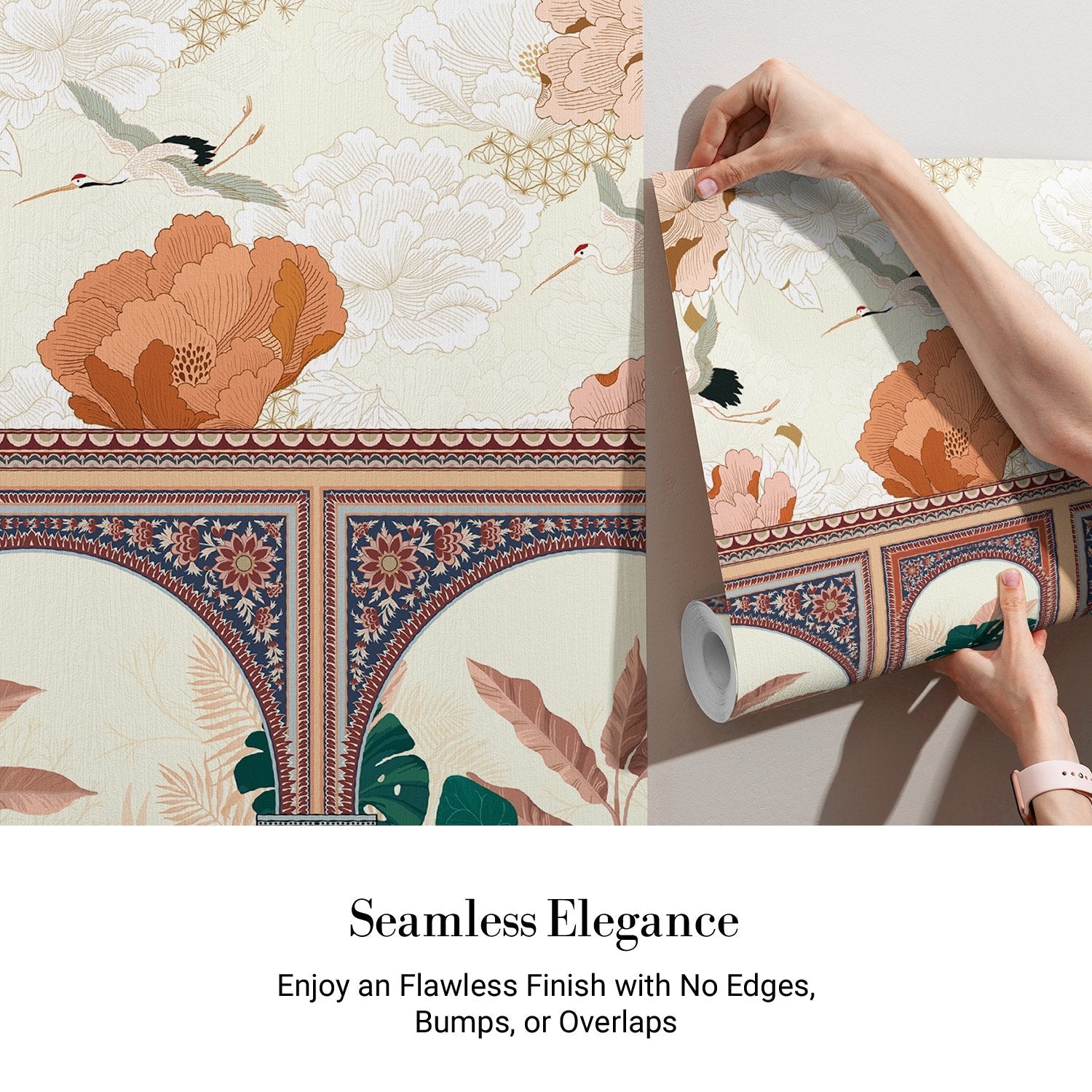 Ornate Mughal arches with tropical monstera leaves and flying cranes in coral florals - view 4 - final