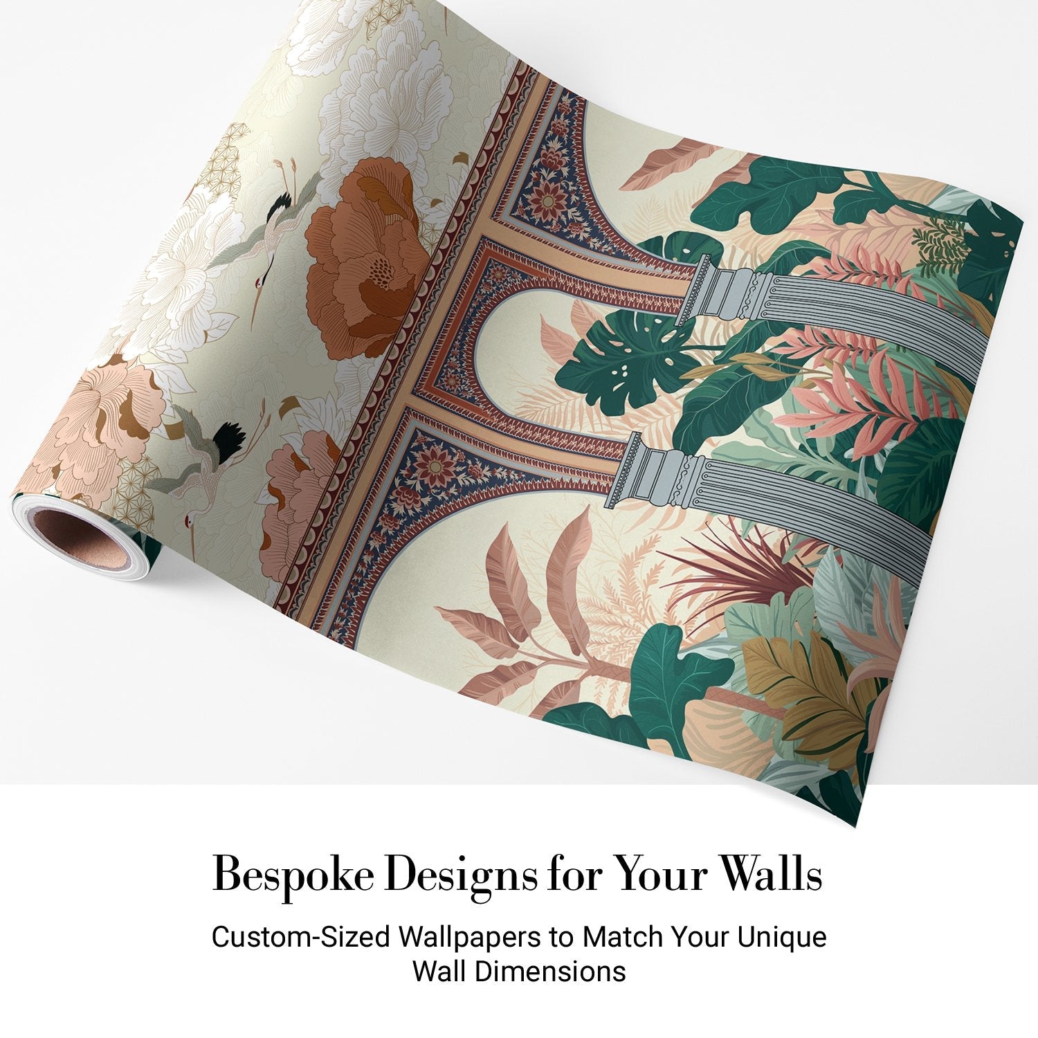 Ornate Mughal arches with tropical monstera leaves and flying cranes in coral florals - view 5 - final