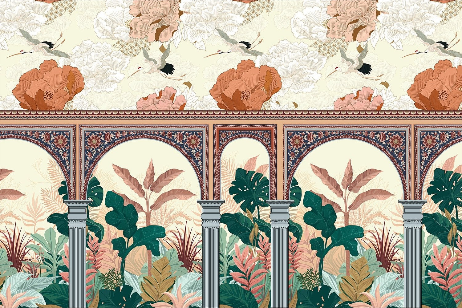 "Botanical arches in lea - mughal wallpaper mural-inequal final"