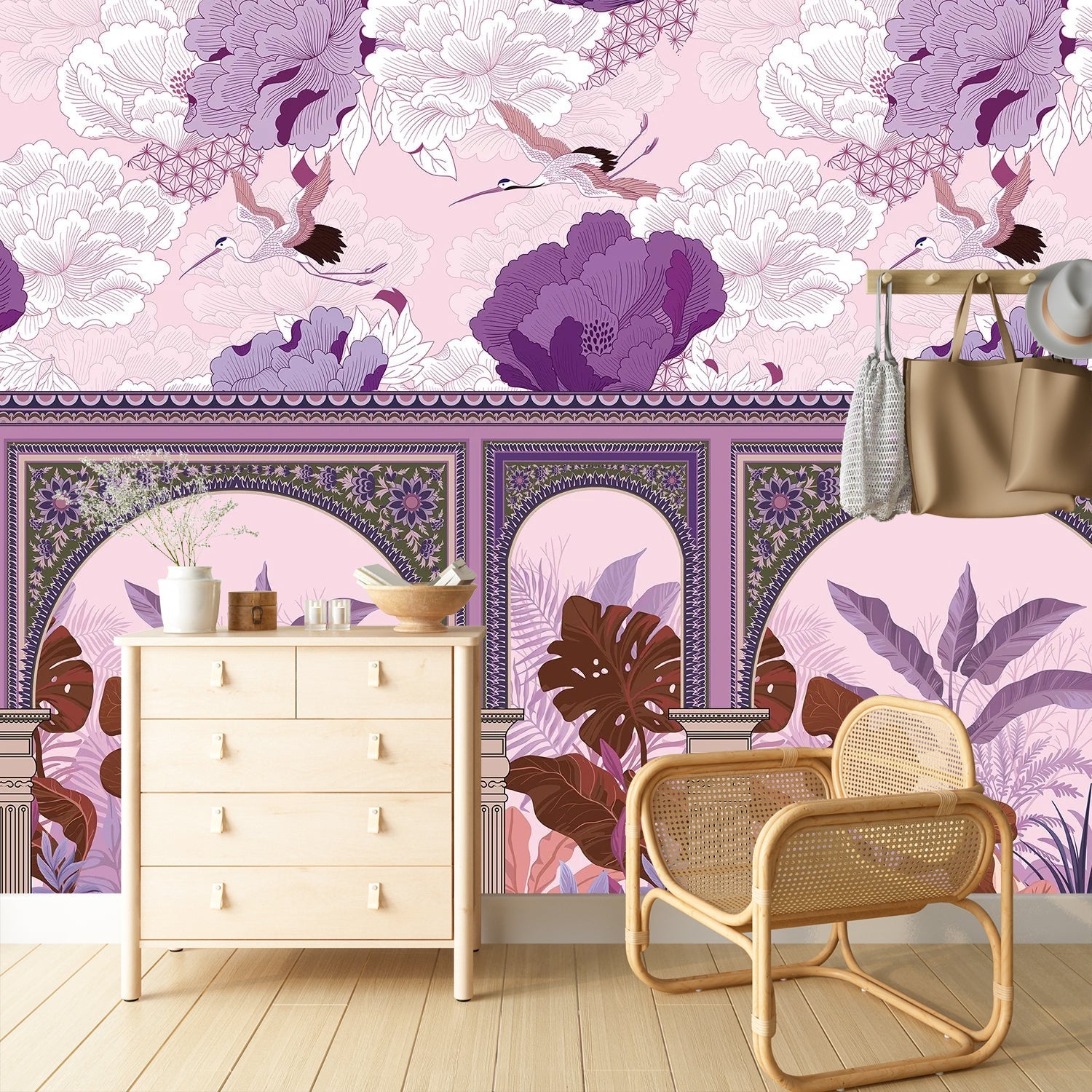 Ornate Mughal arches with tropical monstera leaves and flying cranes in coral florals - view 8 - final