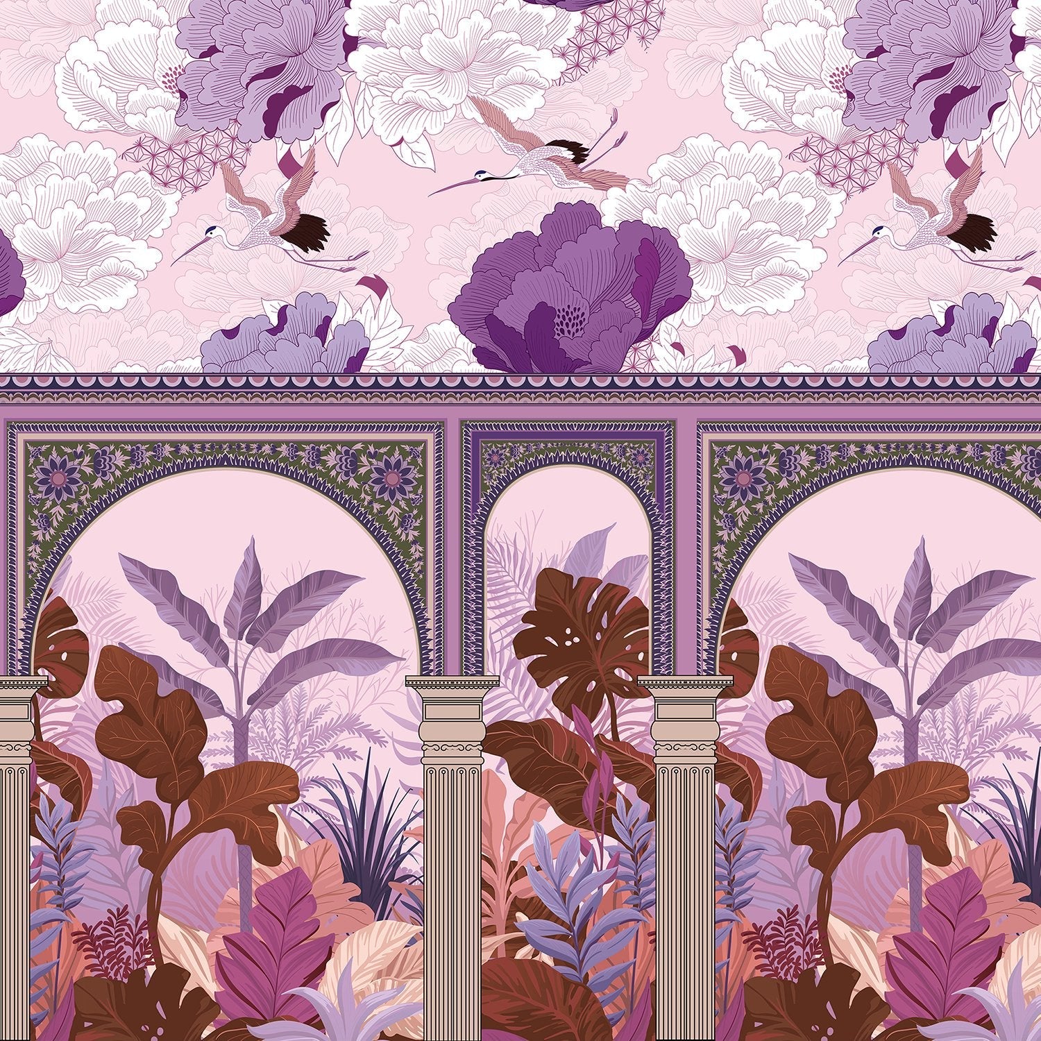 Ornate Mughal arches with tropical monstera leaves and flying cranes in coral florals - view 9 - final