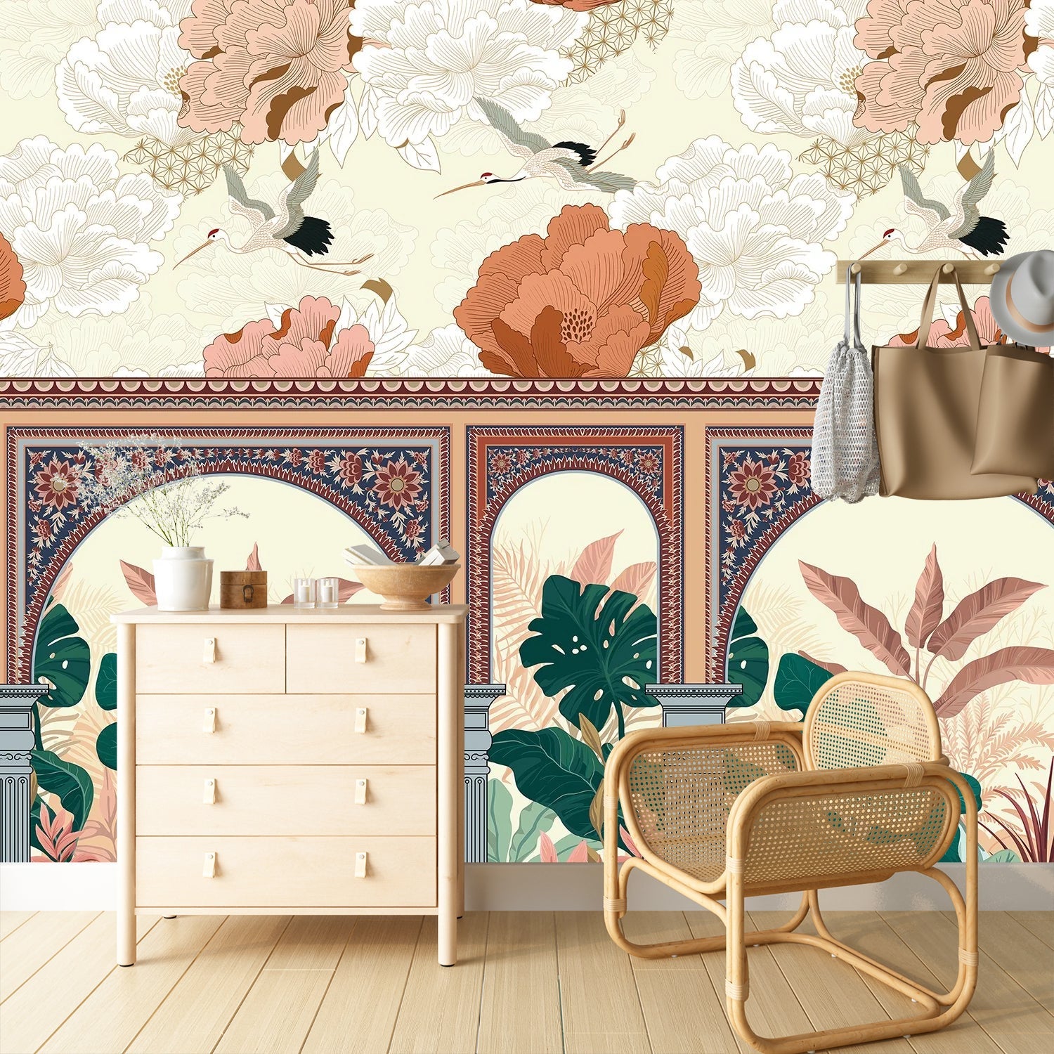Ornate Mughal arches with tropical monstera leaves and flying cranes in coral florals - final foyer