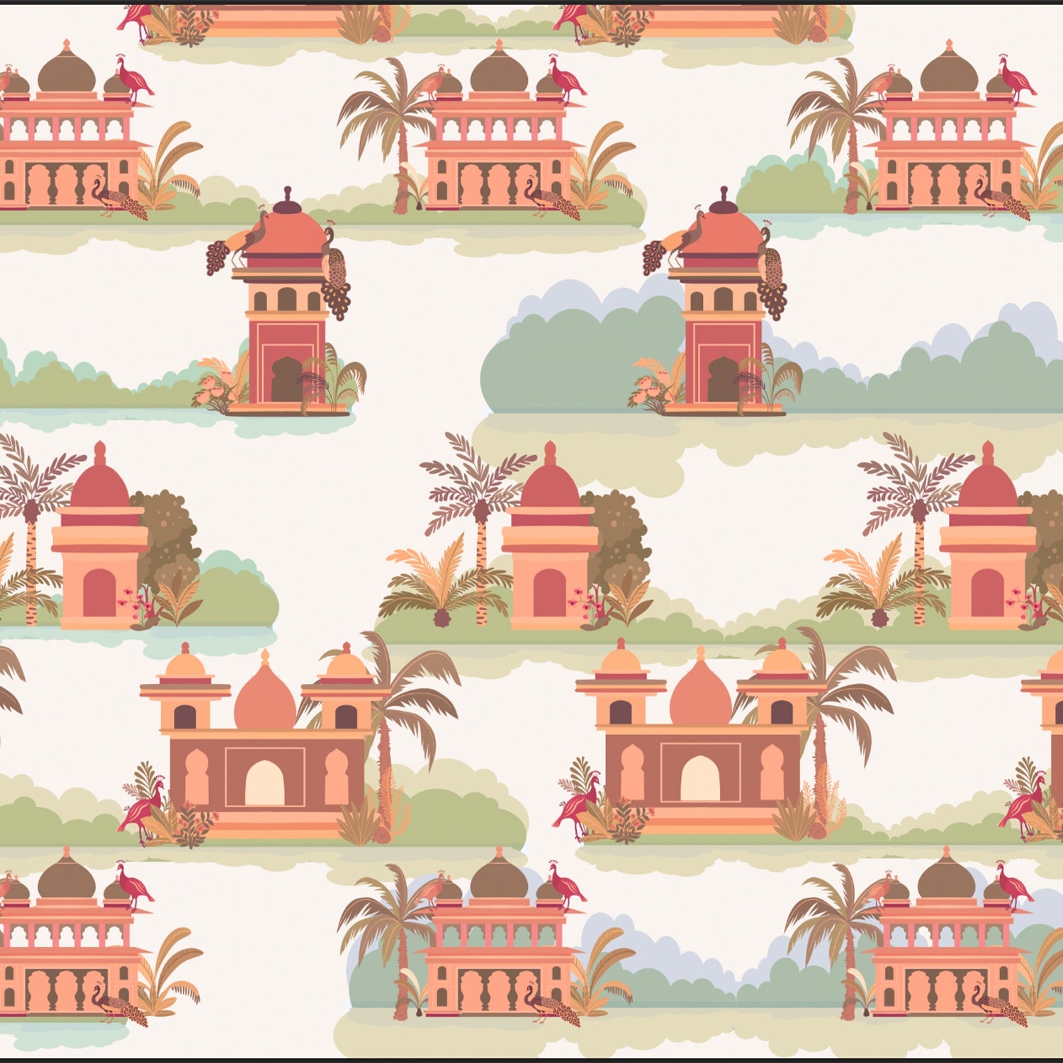 Repeating Indian palaces with palm trees and tropical foliage in warm orange tones - view 14 - final