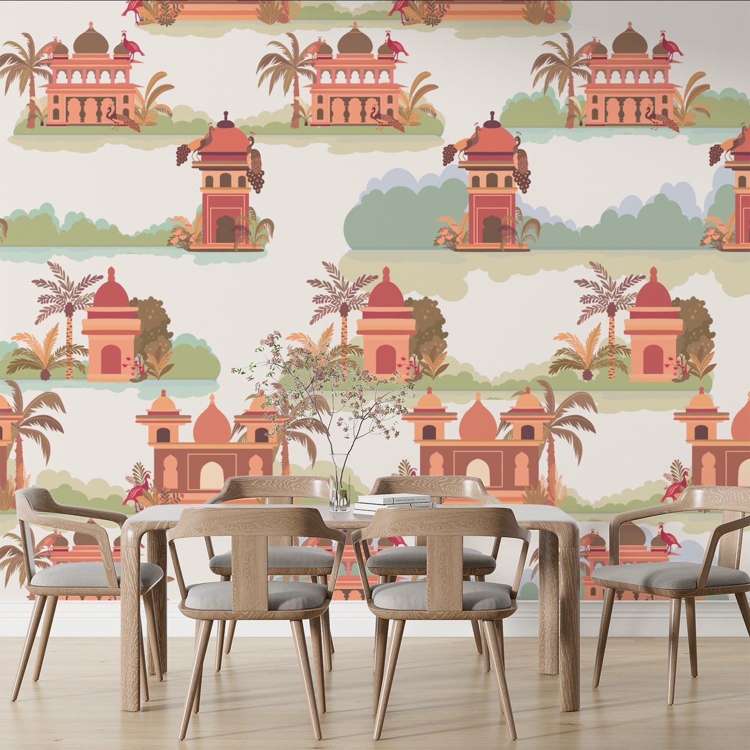 Repeating Indian palaces with palm trees and tropical foliage in warm orange tones - view 15 - final