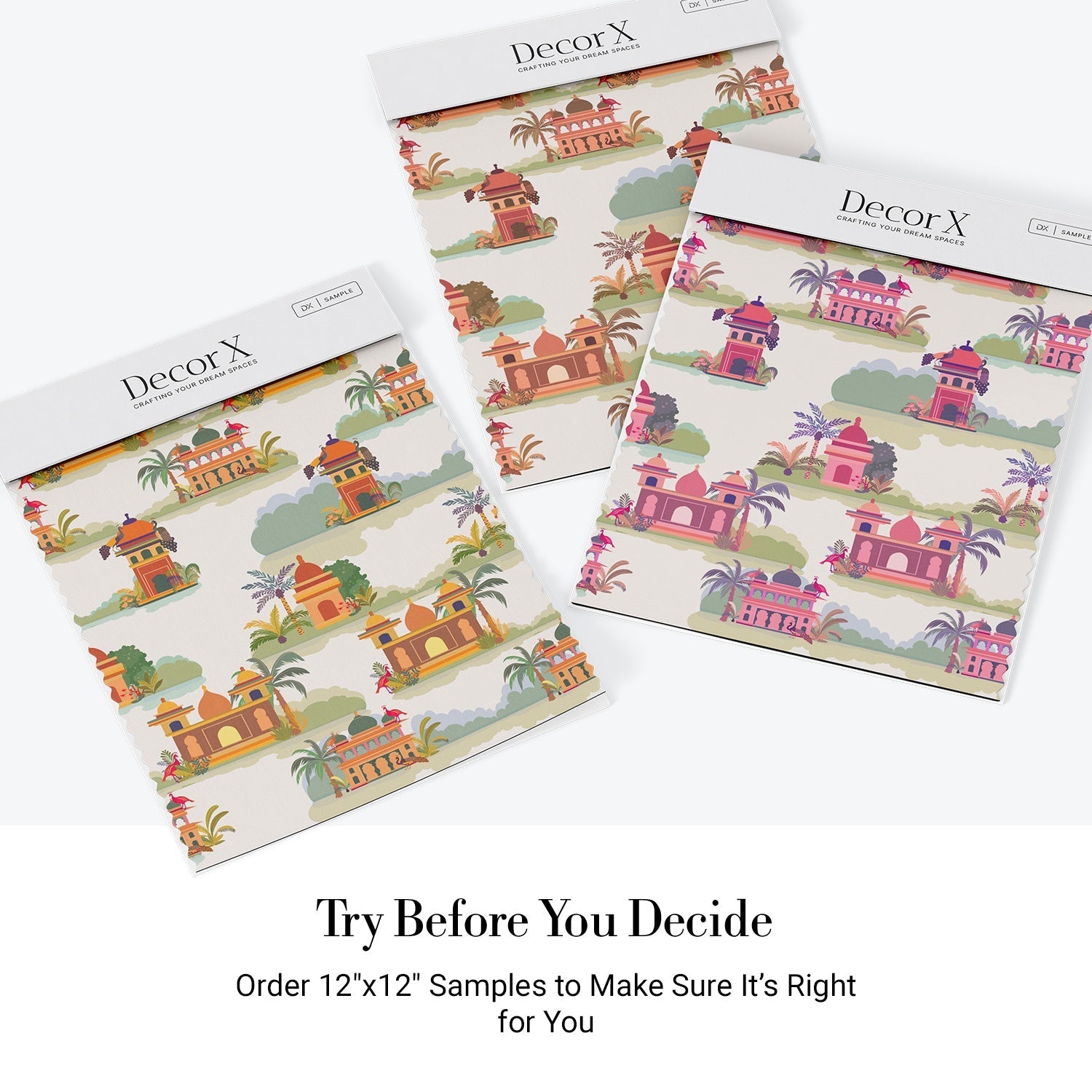 Repeating Indian palaces with palm trees and tropical foliage in warm orange tones - view 18 - final all-groups samples