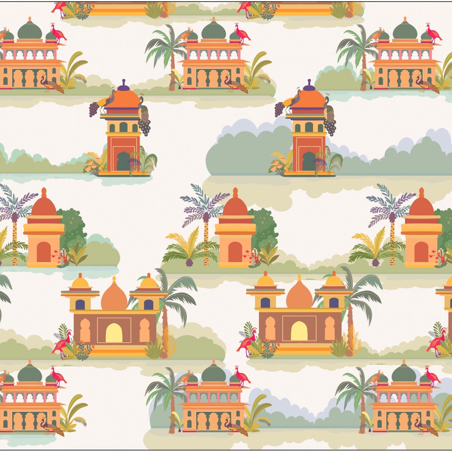 Repeating Indian palaces with palm trees and tropical foliage in warm orange tones - view 2 - final