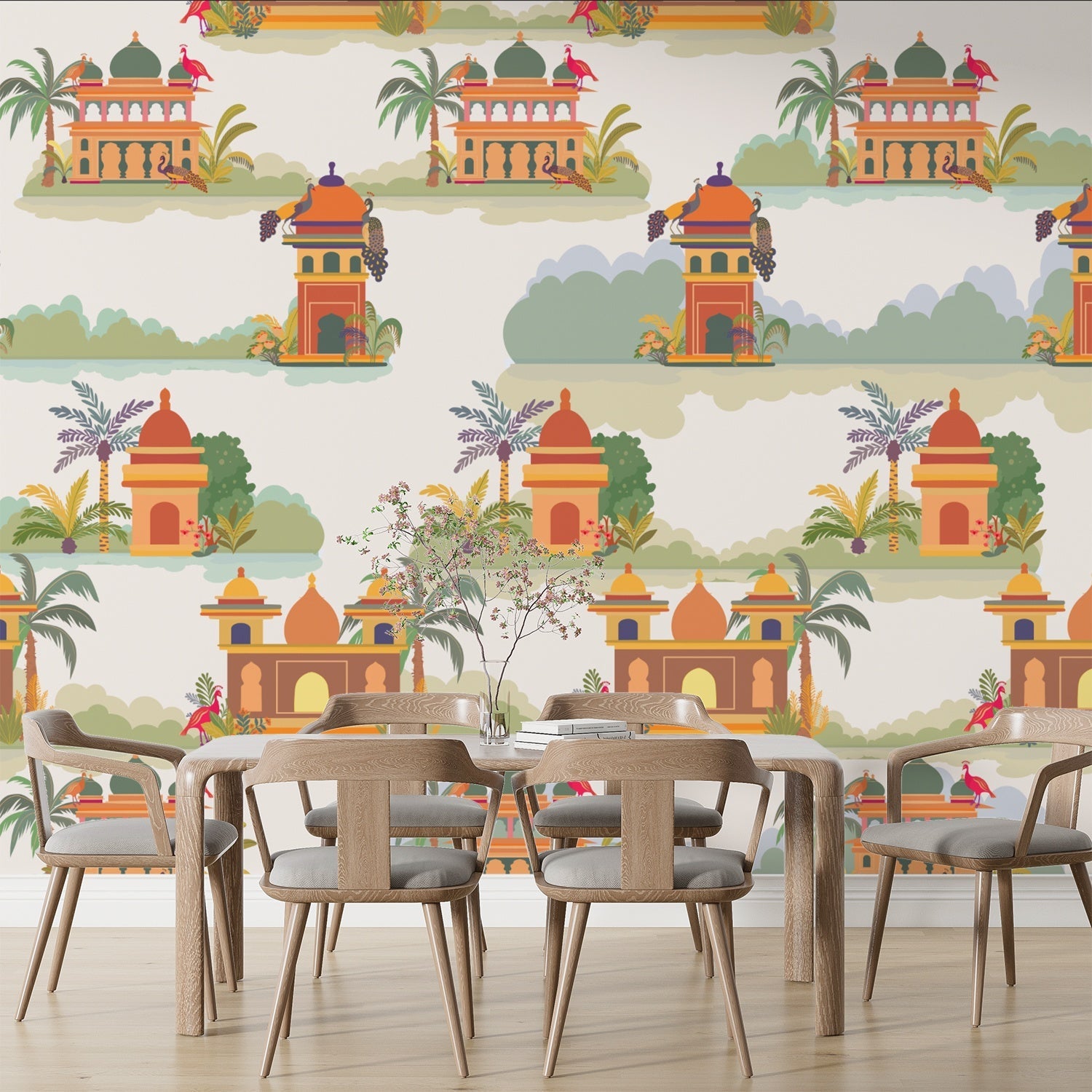Repeating Indian palaces with palm trees and tropical foliage in warm orange tones - view 3 - final dining-room