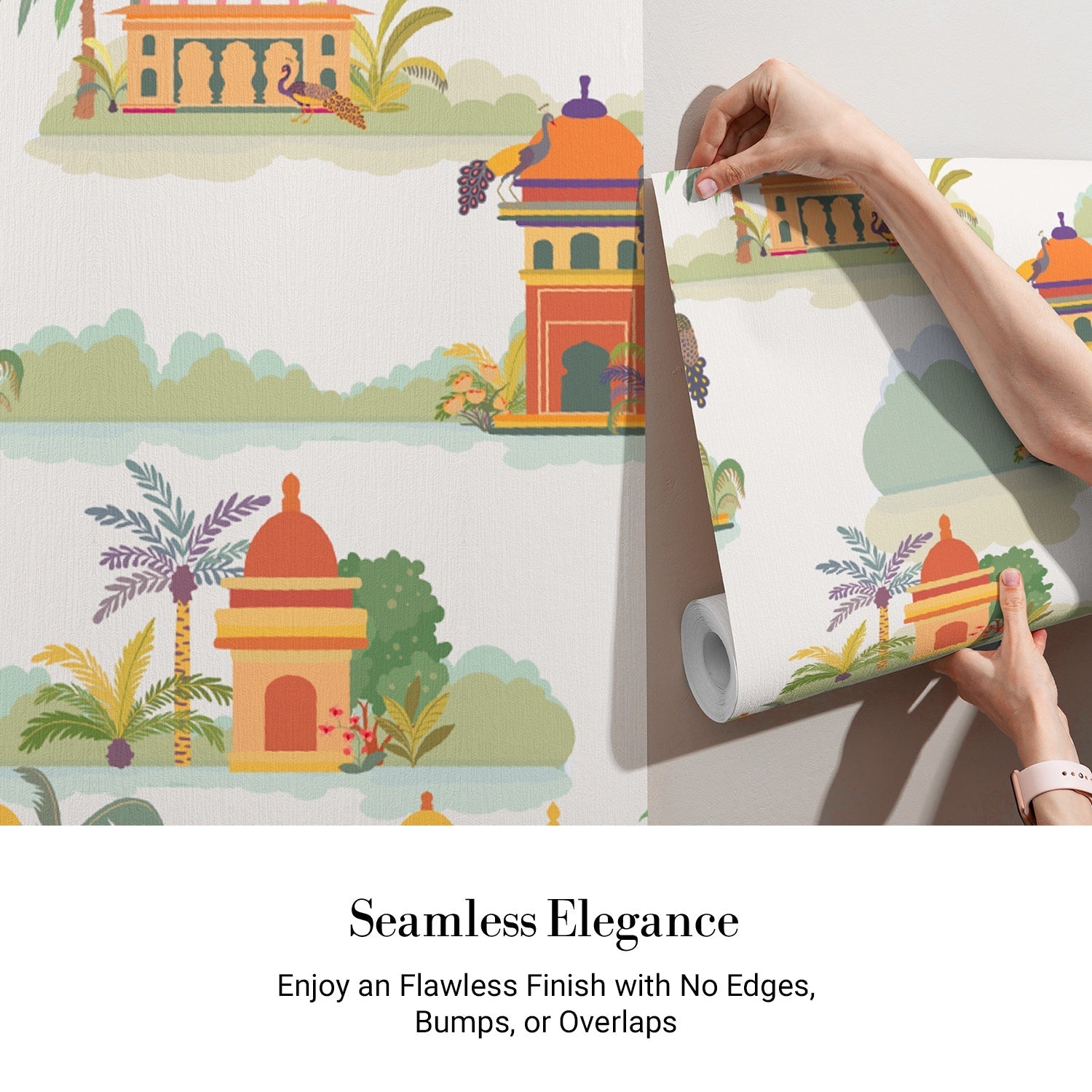 Repeating Indian palaces with palm trees and tropical foliage in warm orange tones - view 4 - final