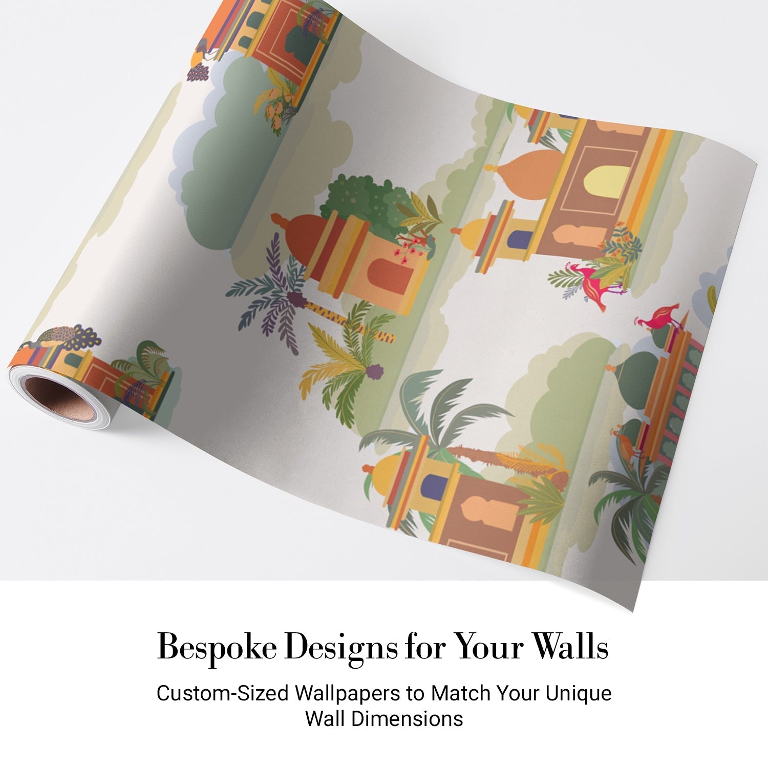 Repeating Indian palaces with palm trees and tropical foliage in warm orange tones - view 5 - final