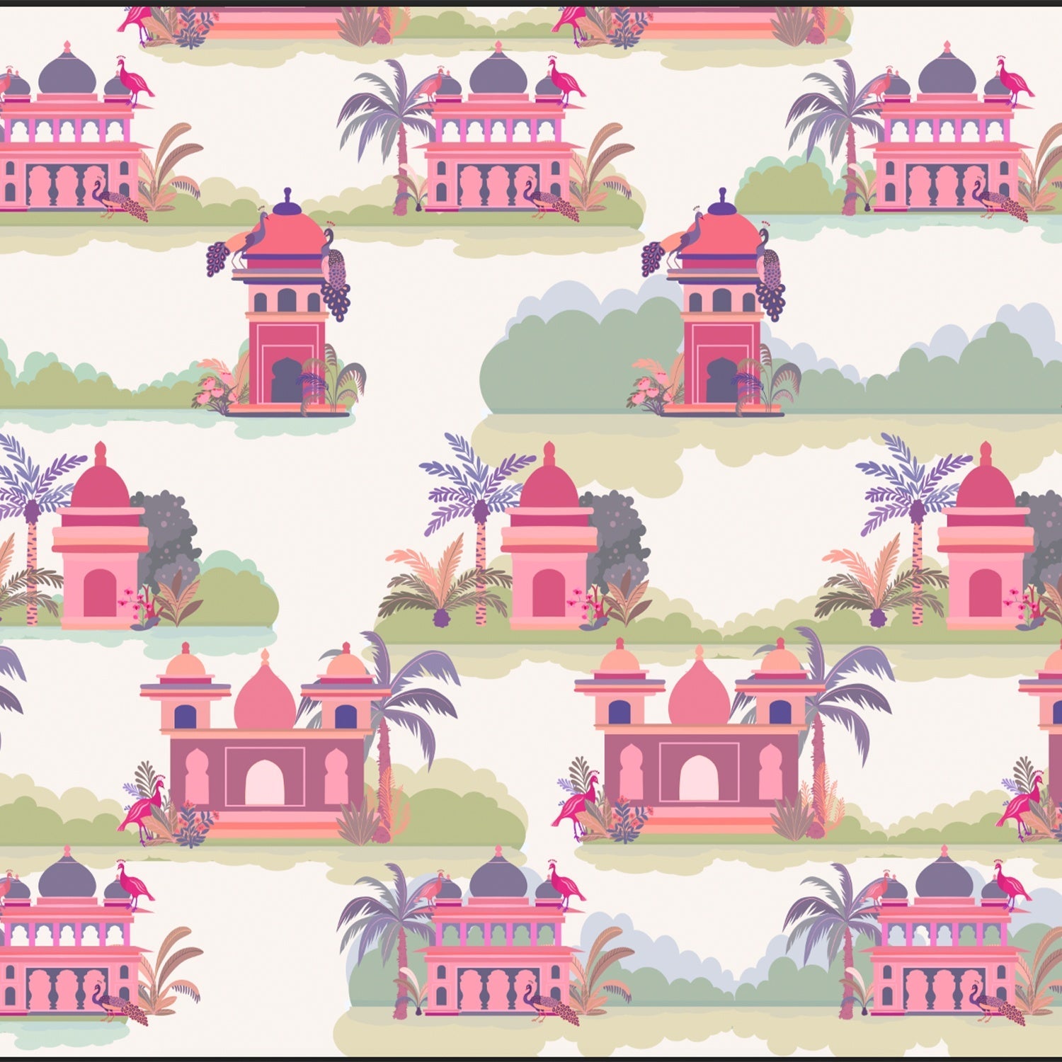 Repeating Indian palaces with palm trees and tropical foliage in warm orange tones - view 9 - final