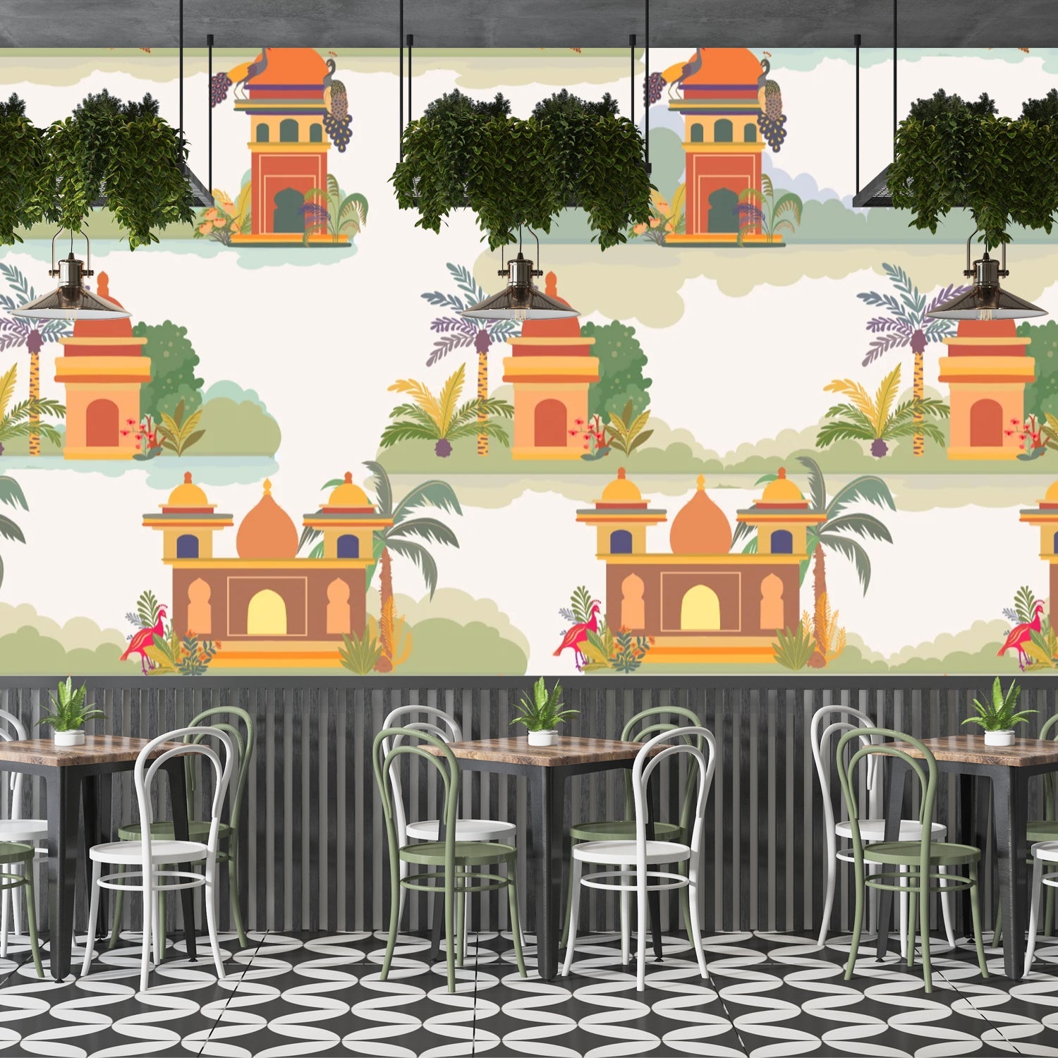 Repeating Indian palaces with palm trees and tropical foliage in warm orange tones - final commercial