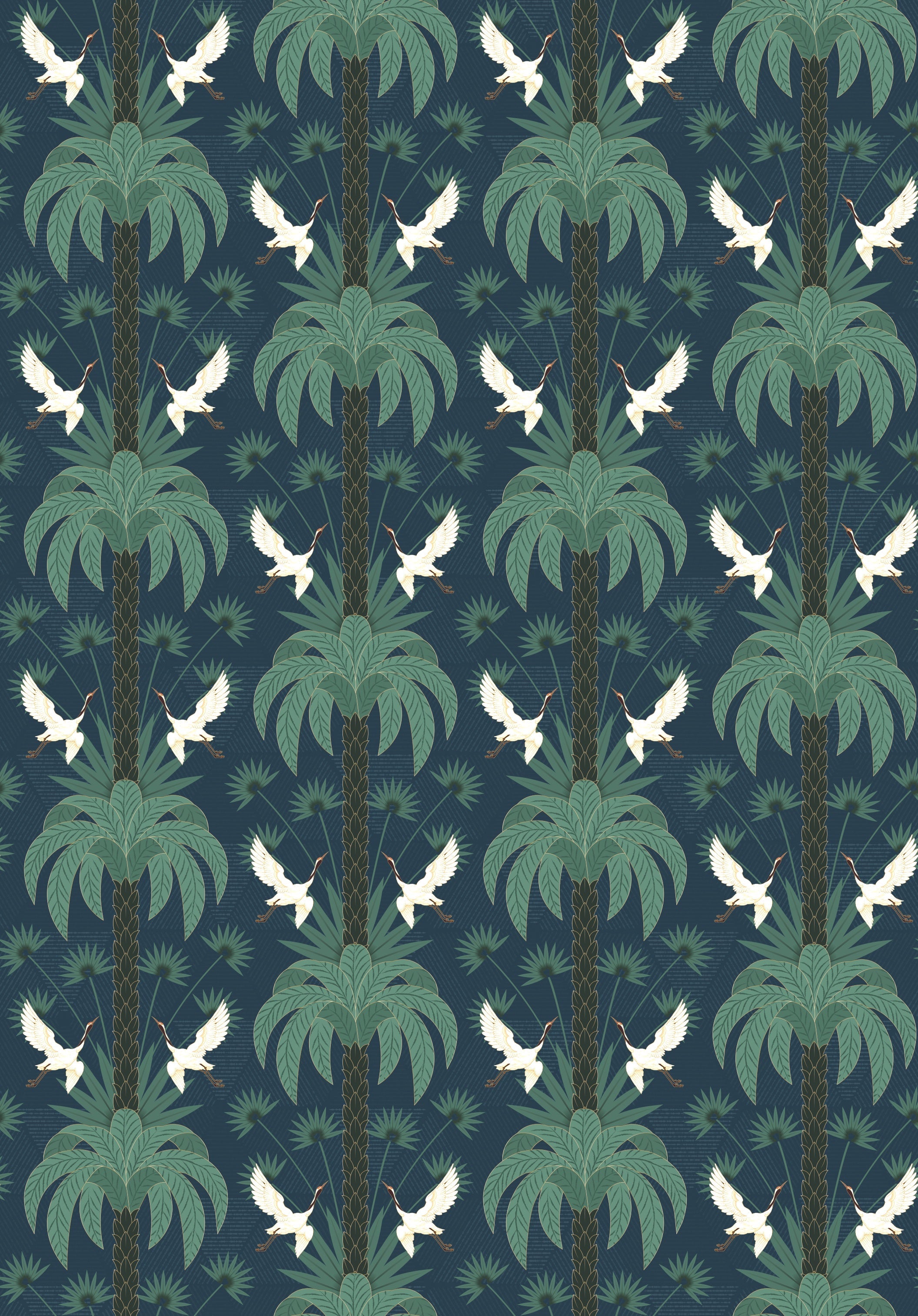 Elegant emerald green damask pattern with white birds and palm fronds in symmetrical arrangement - view 11 - repeat-original - final