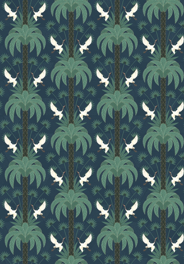 Elegant emerald green damask pattern with white birds and palm fronds in symmetrical arrangement - view 12 - repeat-small - final