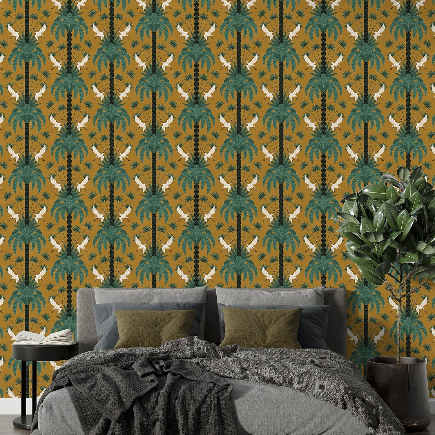 Elegant emerald green damask pattern with white birds and palm fronds in symmetrical arrangement - view 13 - final