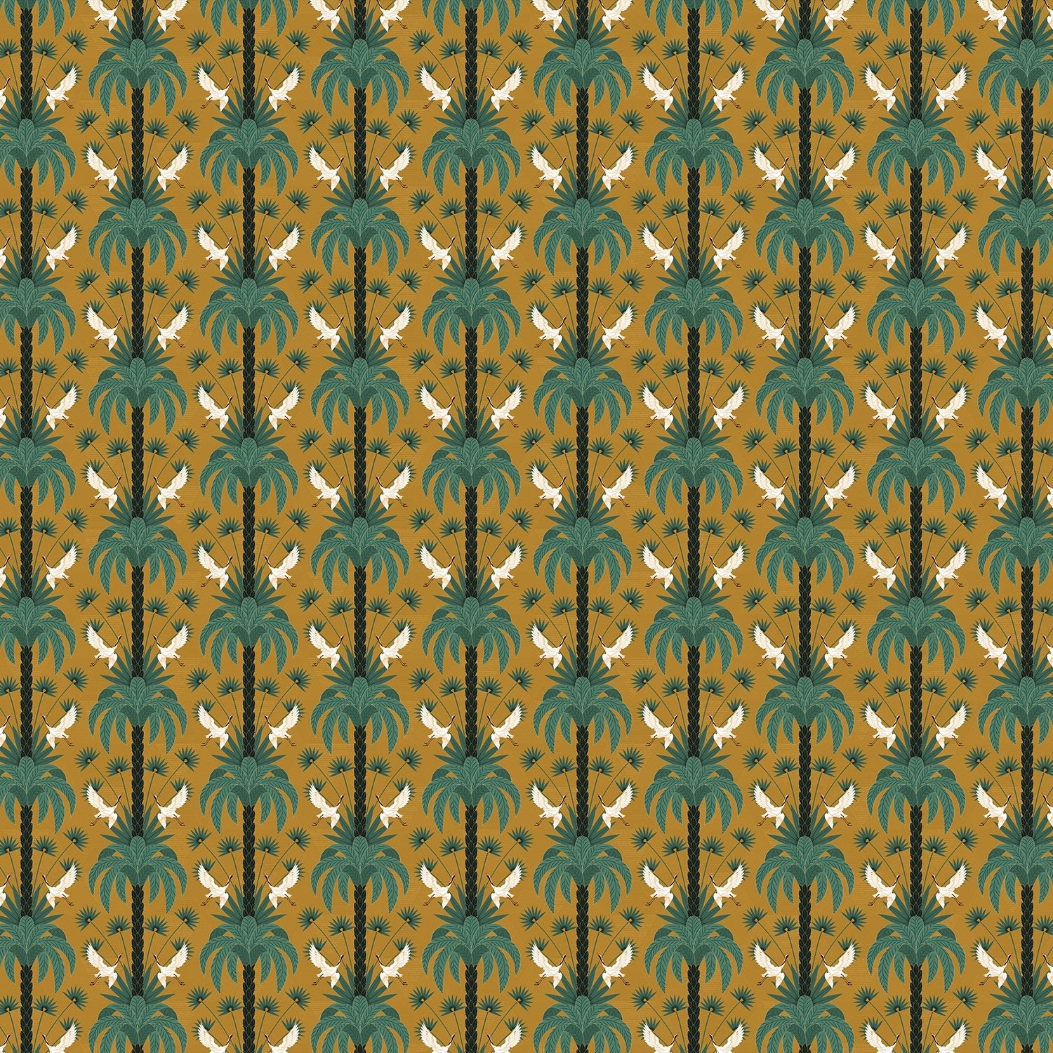 Elegant emerald green damask pattern with white birds and palm fronds in symmetrical arrangement - view 14 - final