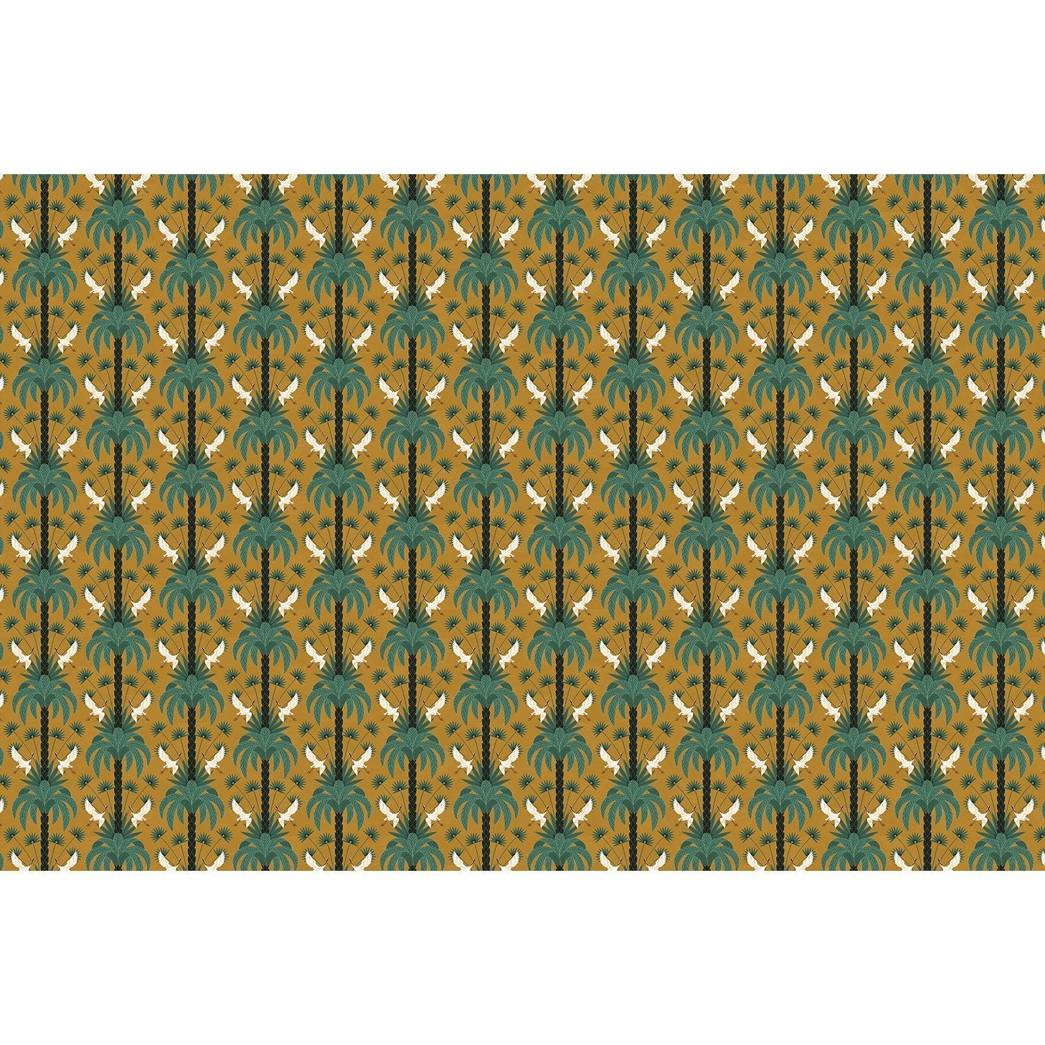 Elegant emerald green damask pattern with white birds and palm fronds in symmetrical arrangement - view 15 - final