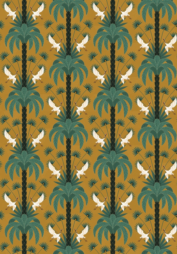 Elegant emerald green damask pattern with white birds and palm fronds in symmetrical arrangement - view 16 - repeat-small - final