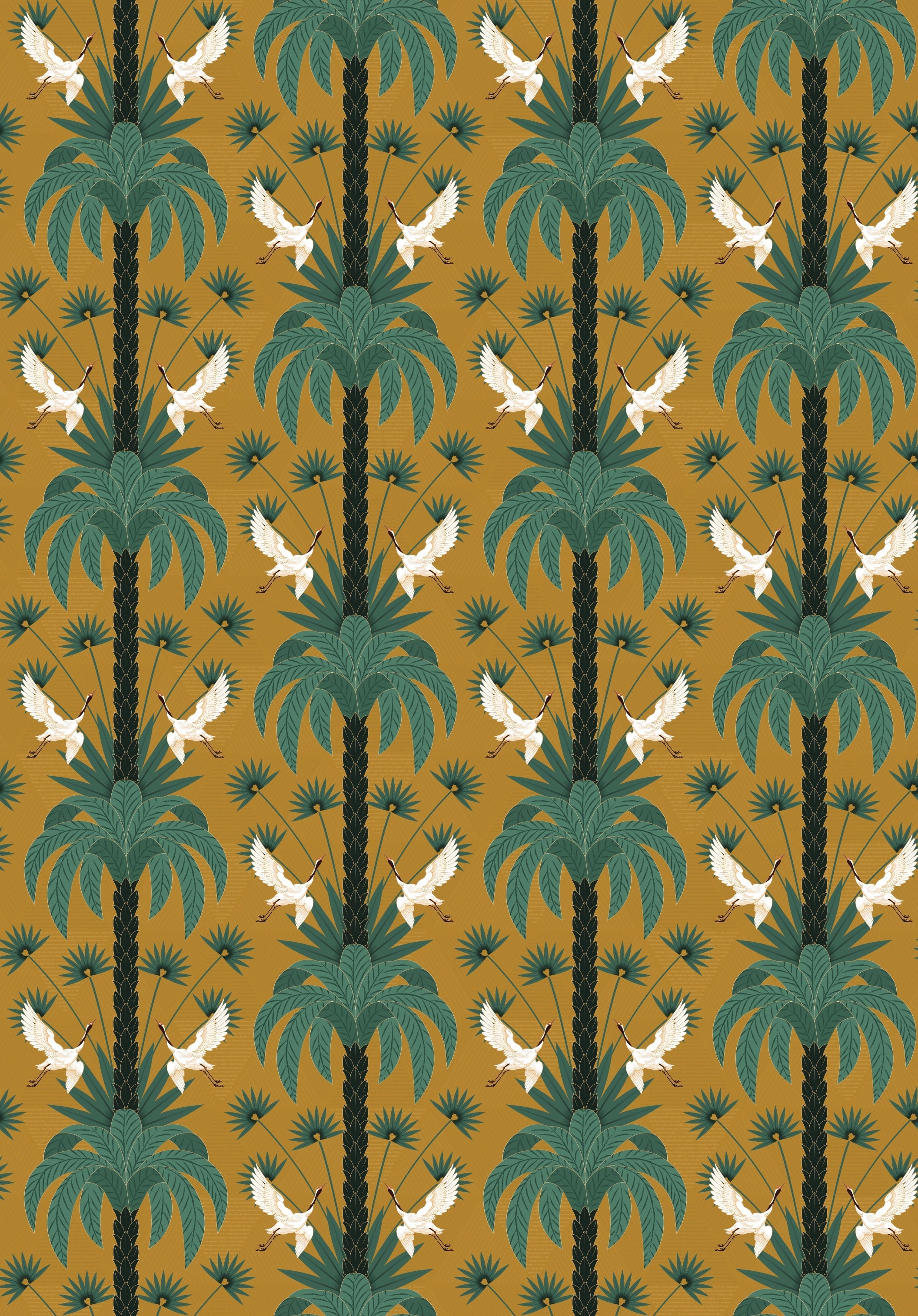 Elegant emerald green damask pattern with white birds and palm fronds in symmetrical arrangement - view 17 - repeat-original - final