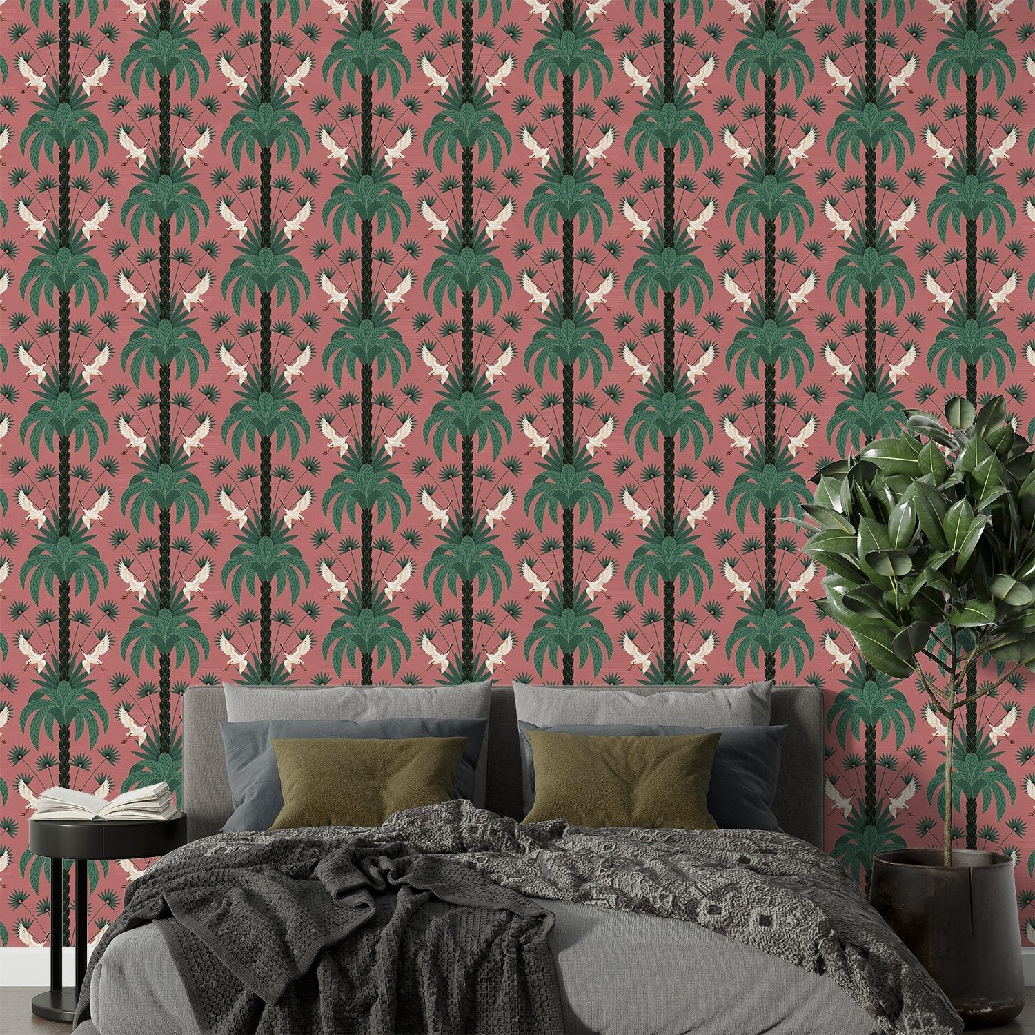 Elegant emerald green damask pattern with white birds and palm fronds in symmetrical arrangement - view 18 - final