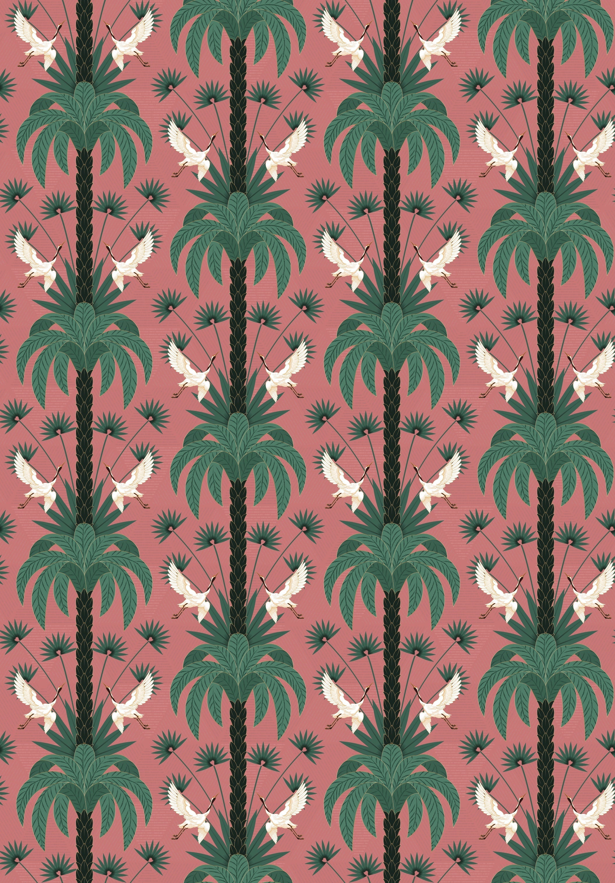 Elegant emerald green damask pattern with white birds and palm fronds in symmetrical arrangement - view 21 - repeat-original - final