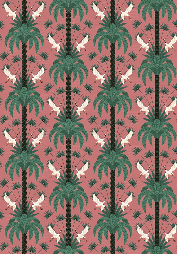 Elegant emerald green damask pattern with white birds and palm fronds in symmetrical arrangement - view 22 - repeat-small - final