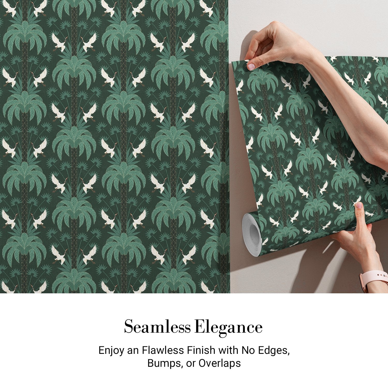 Elegant emerald green damask pattern with white birds and palm fronds in symmetrical arrangement - view 3 - final