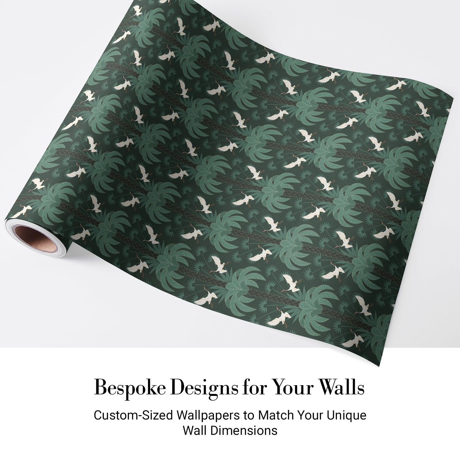 Elegant emerald green damask pattern with white birds and palm fronds in symmetrical arrangement - view 4 - final