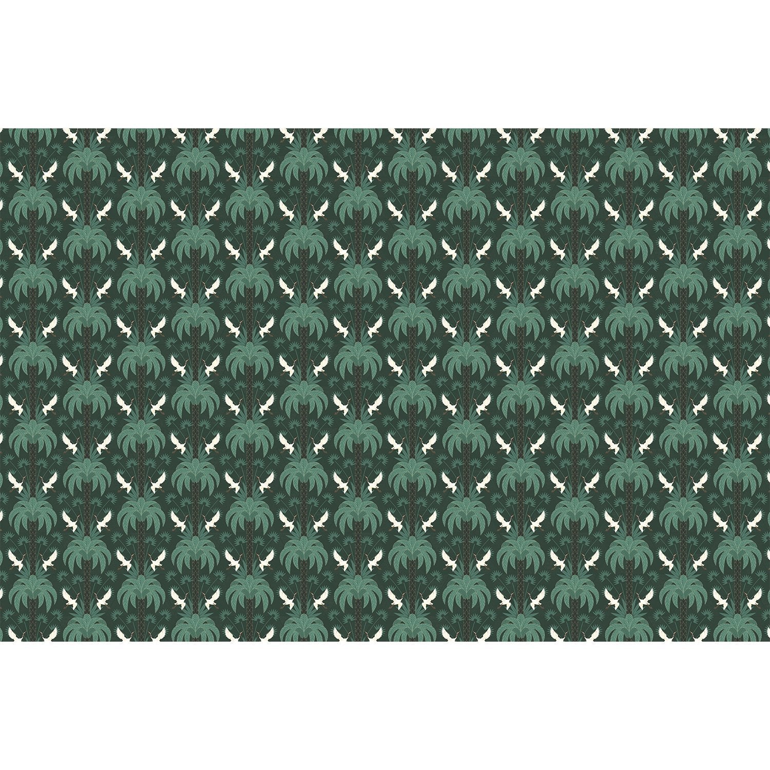 Elegant emerald green damask pattern with white birds and palm fronds in symmetrical arrangement - view 5 - repeat-full-square - final
