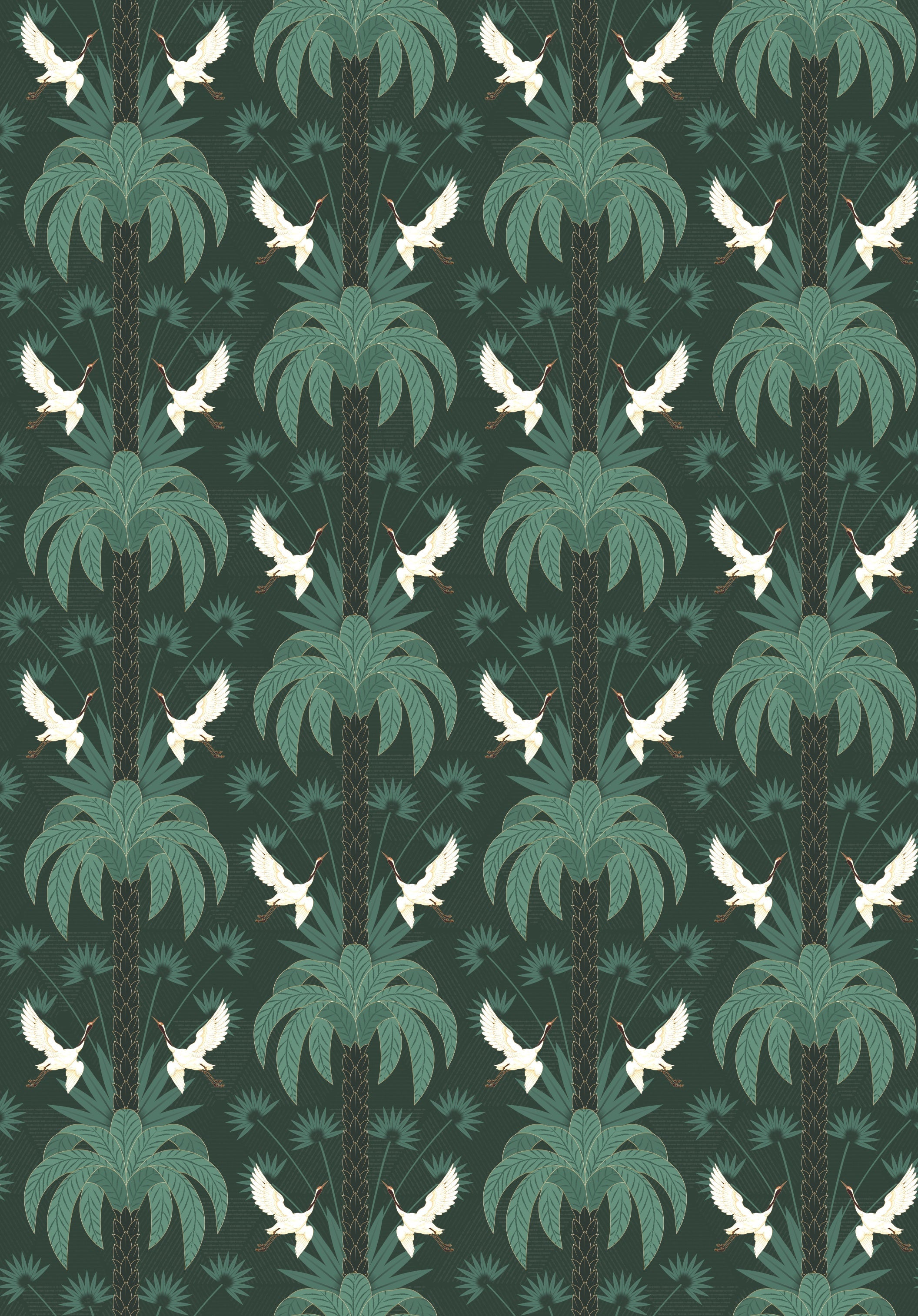 Elegant emerald green damask pattern with white birds and palm fronds in symmetrical arrangement - view 6 - repeat-original - final