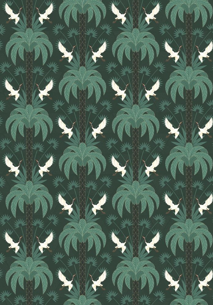 Elegant emerald green damask pattern with white birds and palm fronds in symmetrical arrangement - view 7 - repeat-small - final