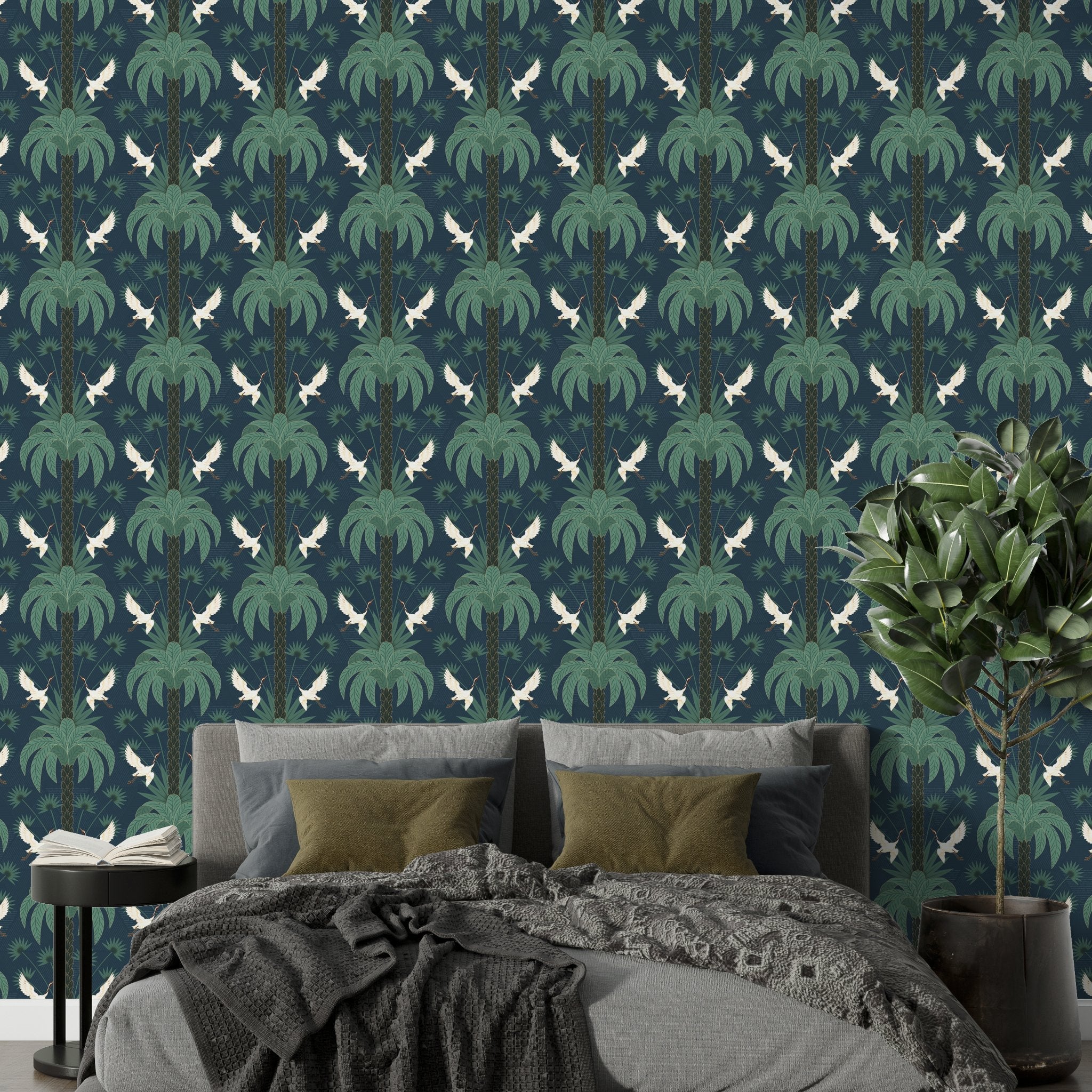 Elegant emerald green damask pattern with white birds and palm fronds in symmetrical arrangement - view 8 - final