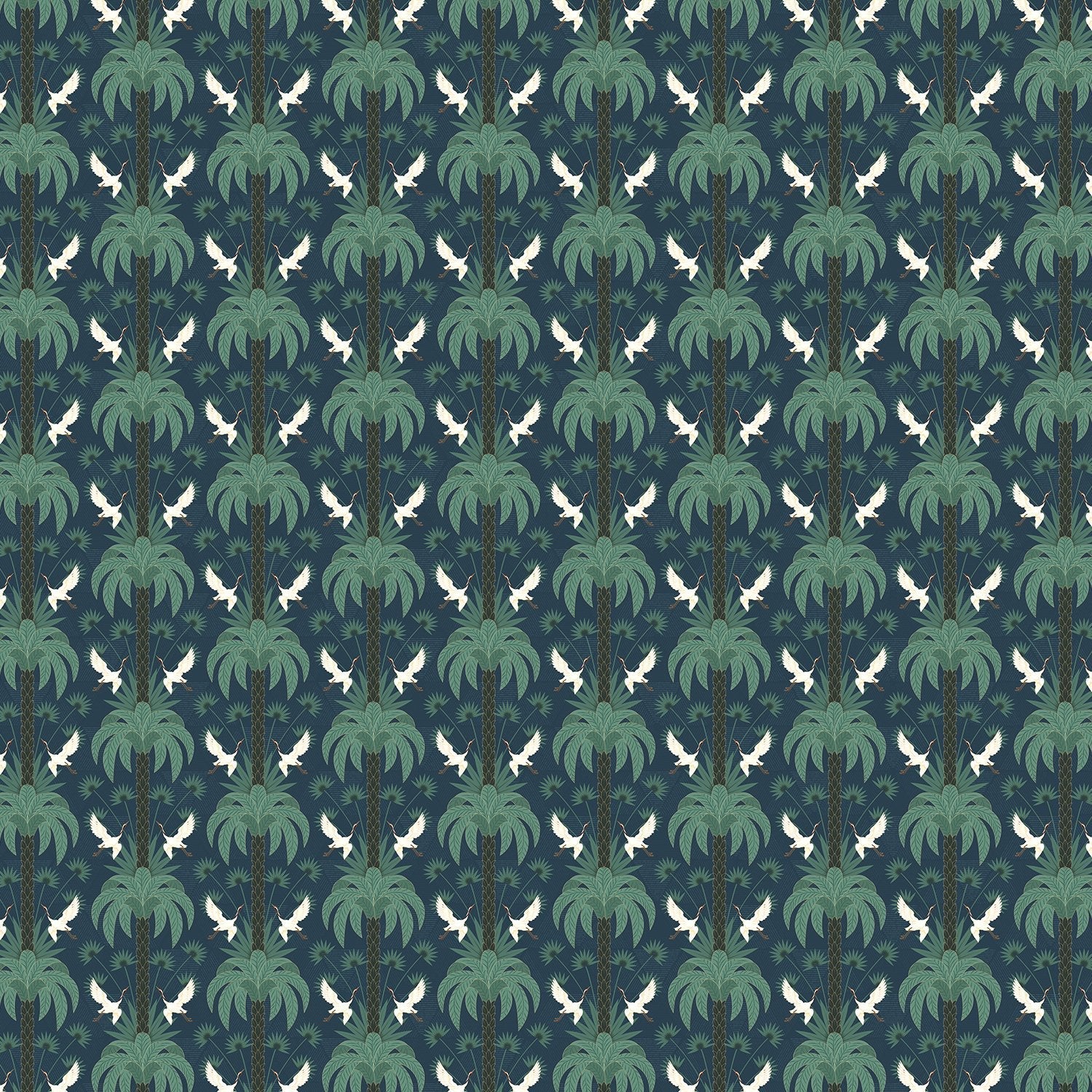 Elegant emerald green damask pattern with white birds and palm fronds in symmetrical arrangement - view 9 - final