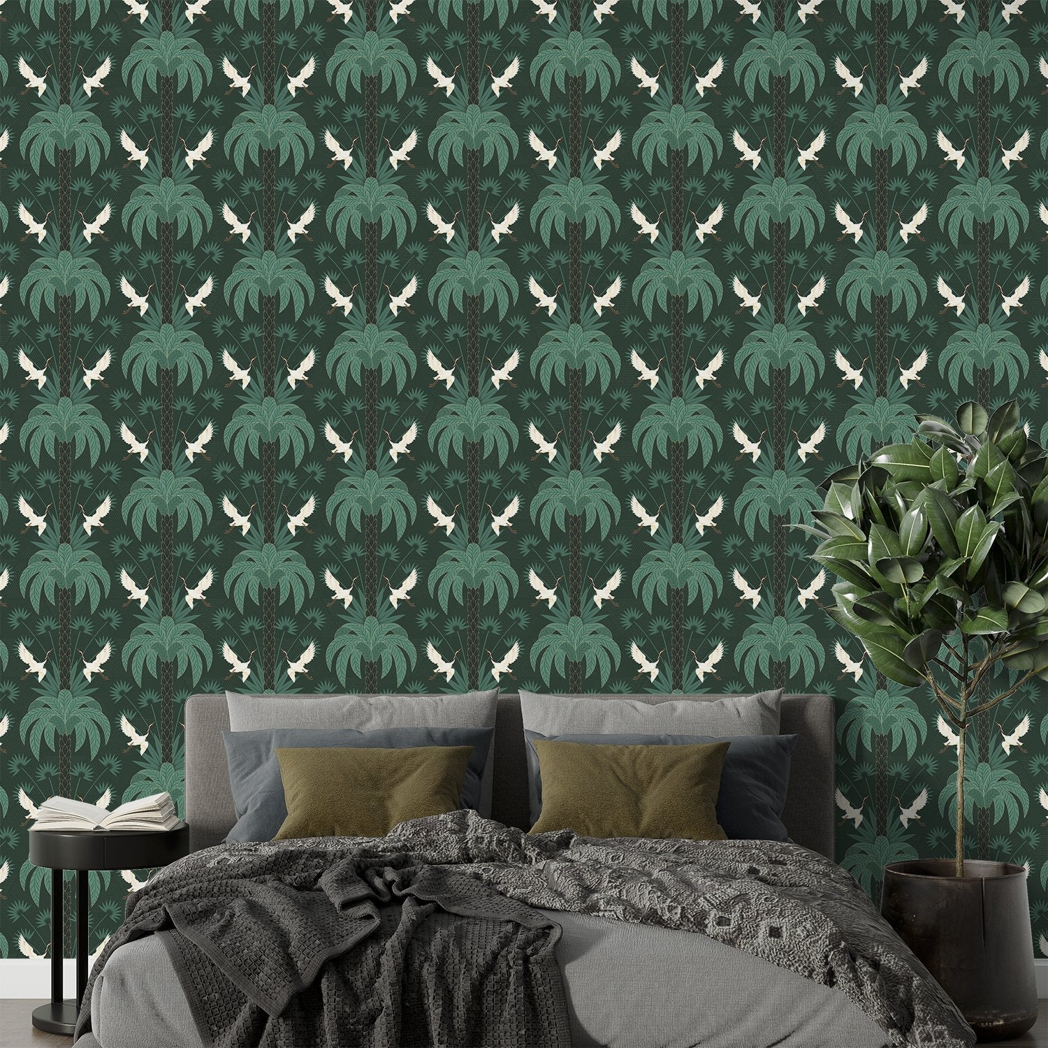 Elegant emerald green damask pattern with white birds and palm fronds in symmetrical arrangement - final bed-room