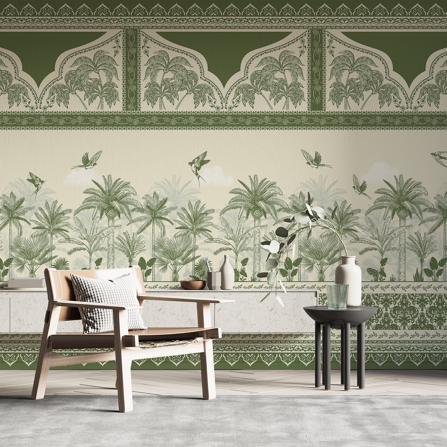 Ornate Mughal border with blue palm trees and flying birds in tropical paradise - view 11 - final